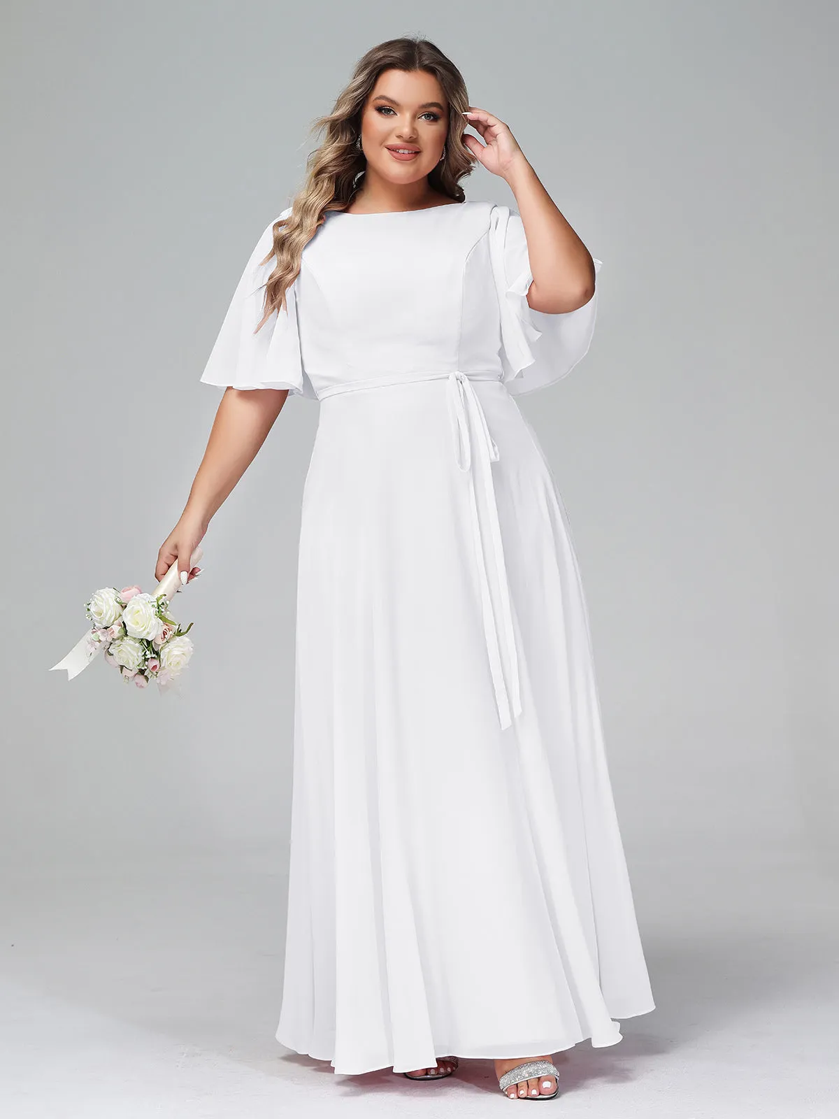 Flutter Sleeves Chiffon Max Dresses with Sash Bow-White Plus Size