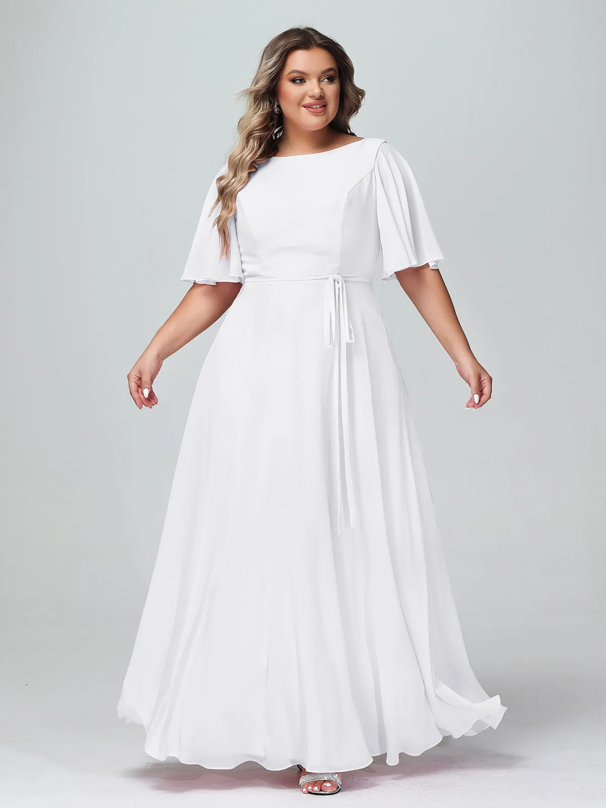 Flutter Sleeves Chiffon Max Dresses with Sash Bow-White Plus Size