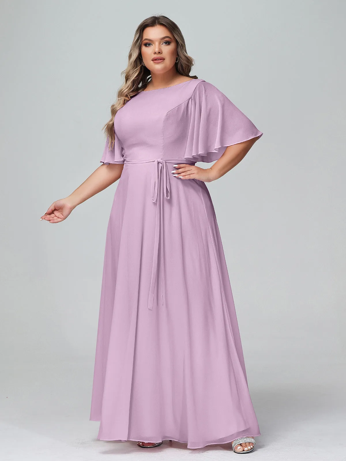 Flutter Sleeves Chiffon Max Dresses with Sash Bow-Wisteria Plus Size