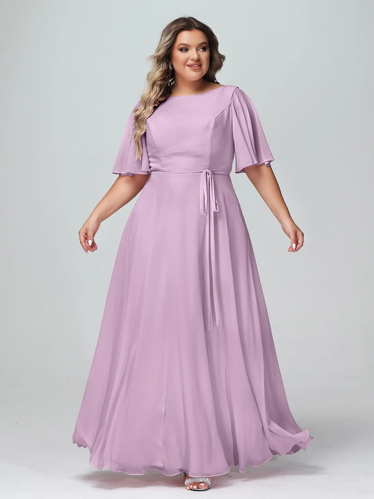 Flutter Sleeves Chiffon Max Dresses with Sash Bow-Wisteria Plus Size