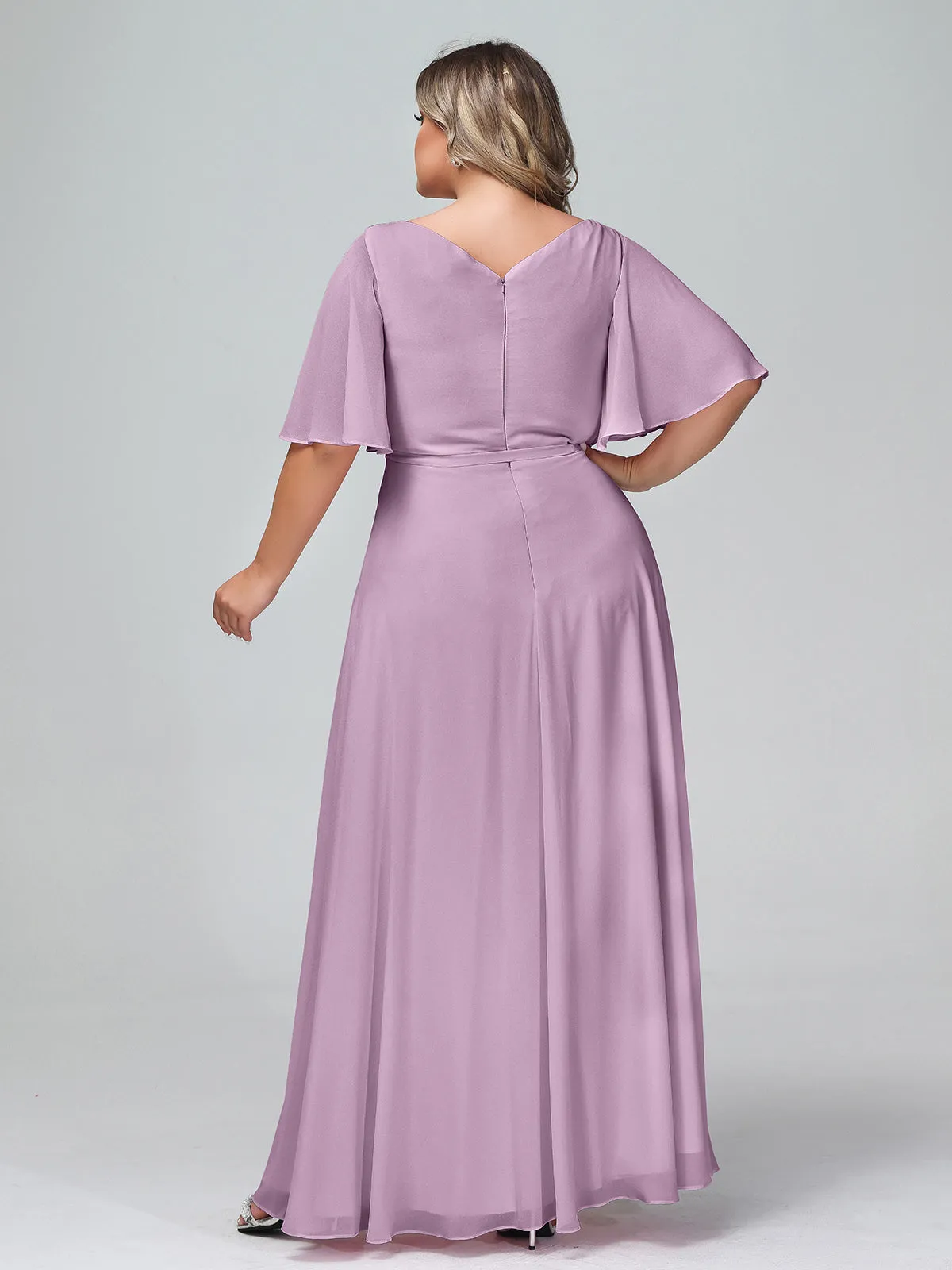 Flutter Sleeves Chiffon Max Dresses with Sash Bow-Wisteria Plus Size