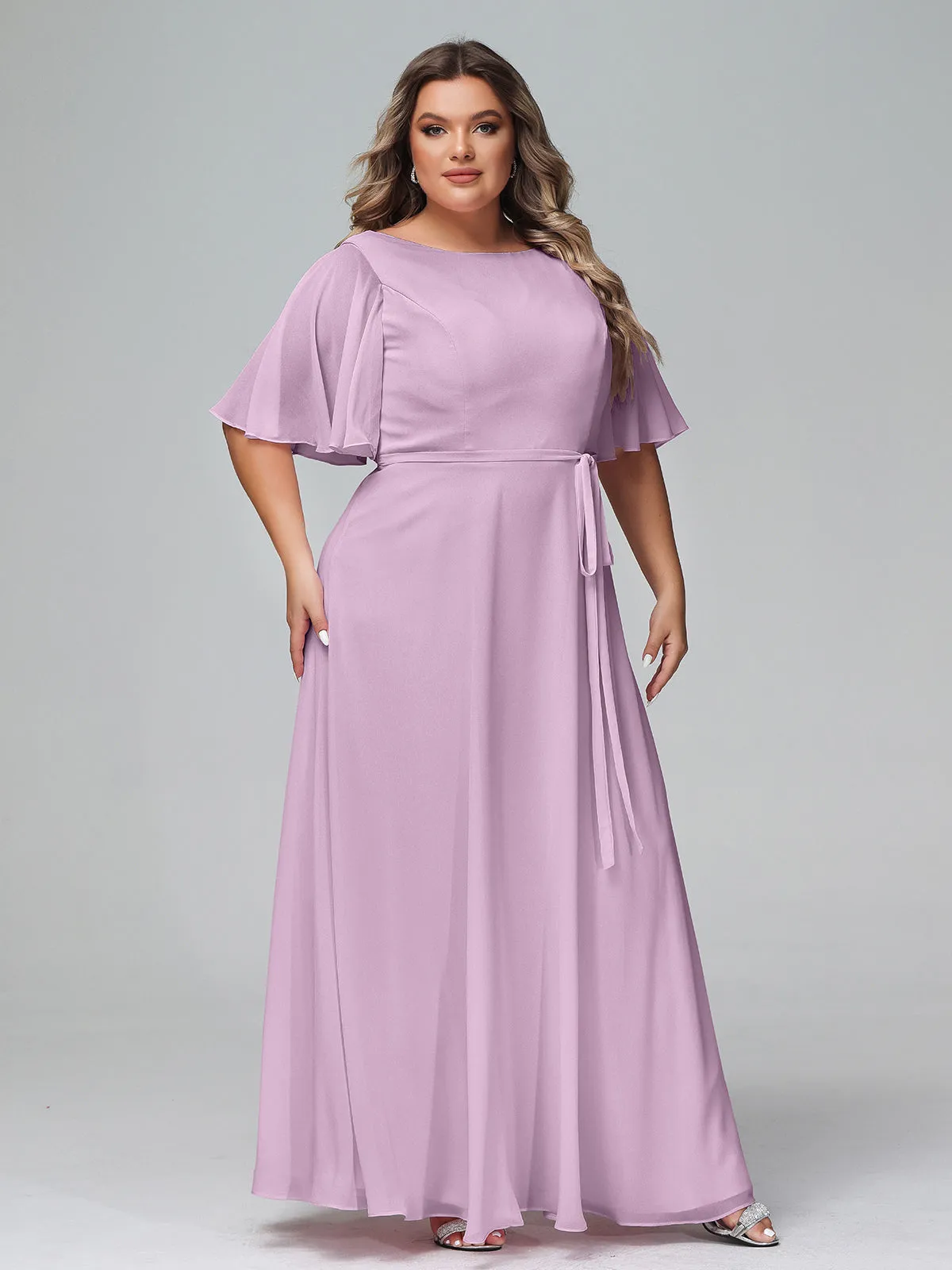 Flutter Sleeves Chiffon Max Dresses with Sash Bow-Wisteria Plus Size