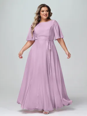 Flutter Sleeves Chiffon Max Dresses with Sash Bow-Wisteria Plus Size