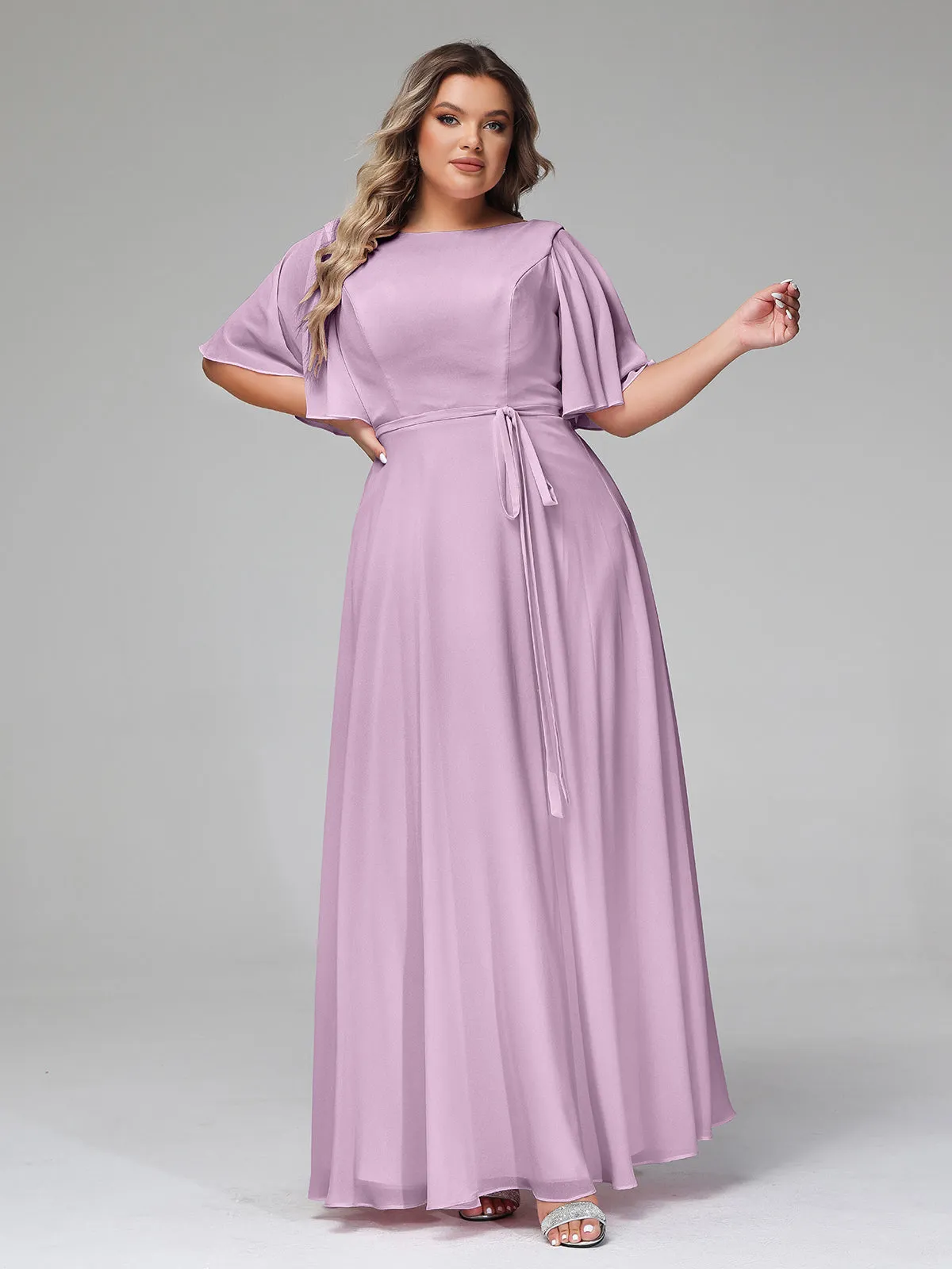 Flutter Sleeves Chiffon Max Dresses with Sash Bow-Wisteria Plus Size