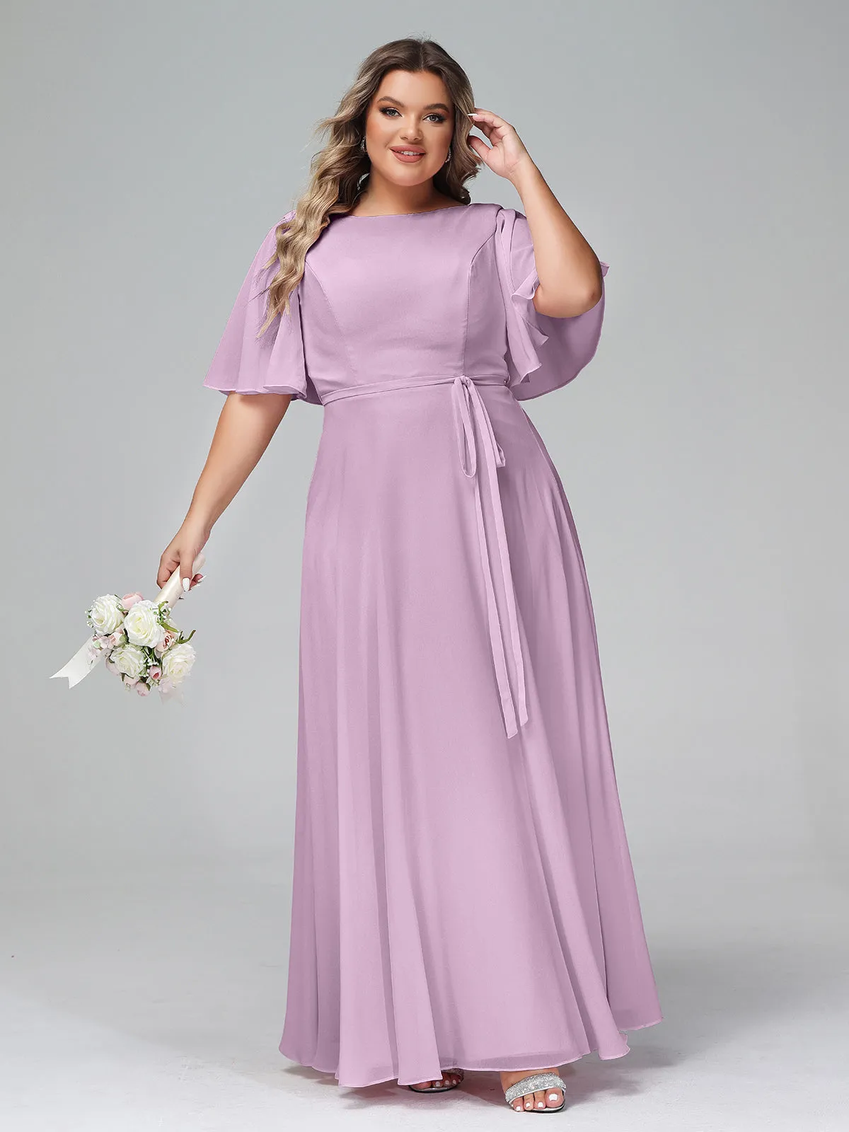 Flutter Sleeves Chiffon Max Dresses with Sash Bow-Wisteria Plus Size