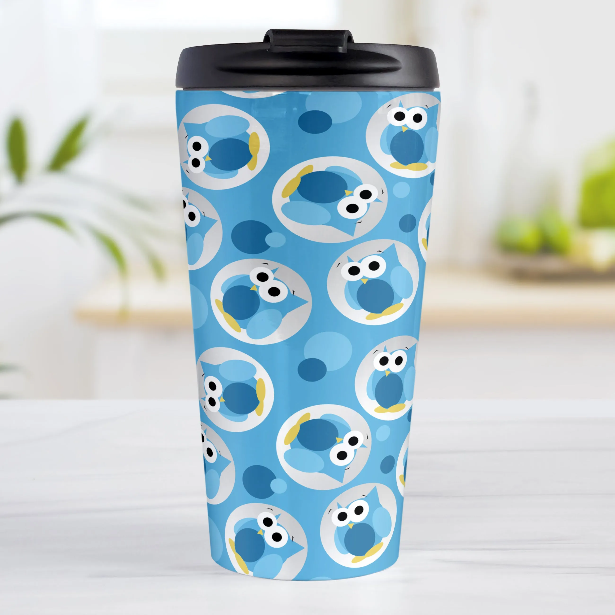 Funny Cute Blue Owl Pattern Travel Mug