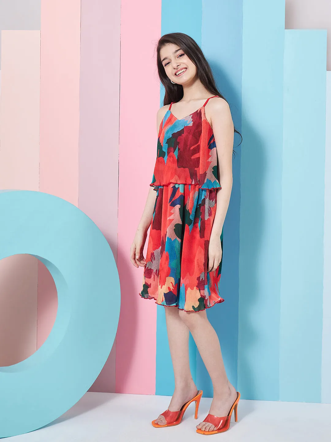 Girls Abstract Printed Georgette Fit Flare Dress