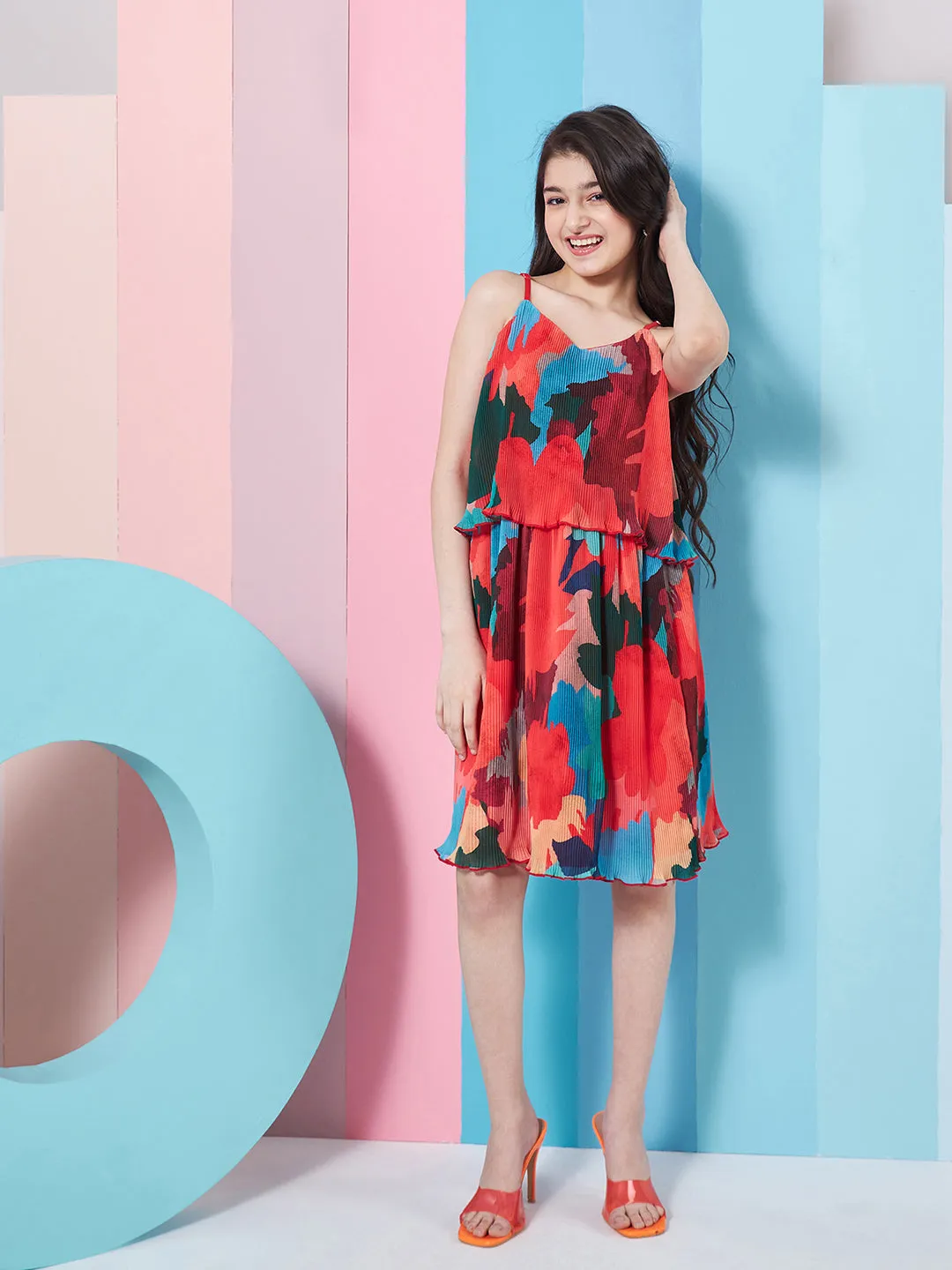 Girls Abstract Printed Georgette Fit Flare Dress