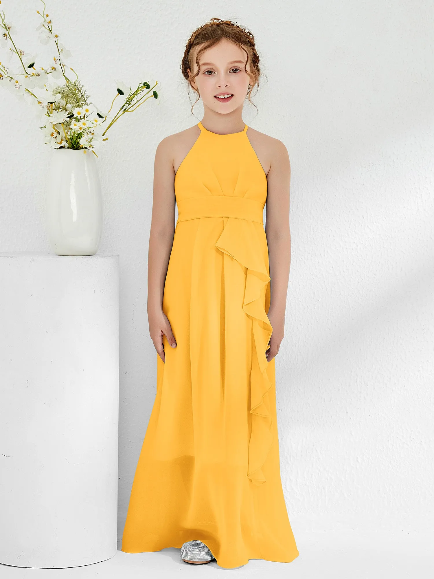 Halter Neckline Junior Bridesmaid Dresses with Sash Tangerine