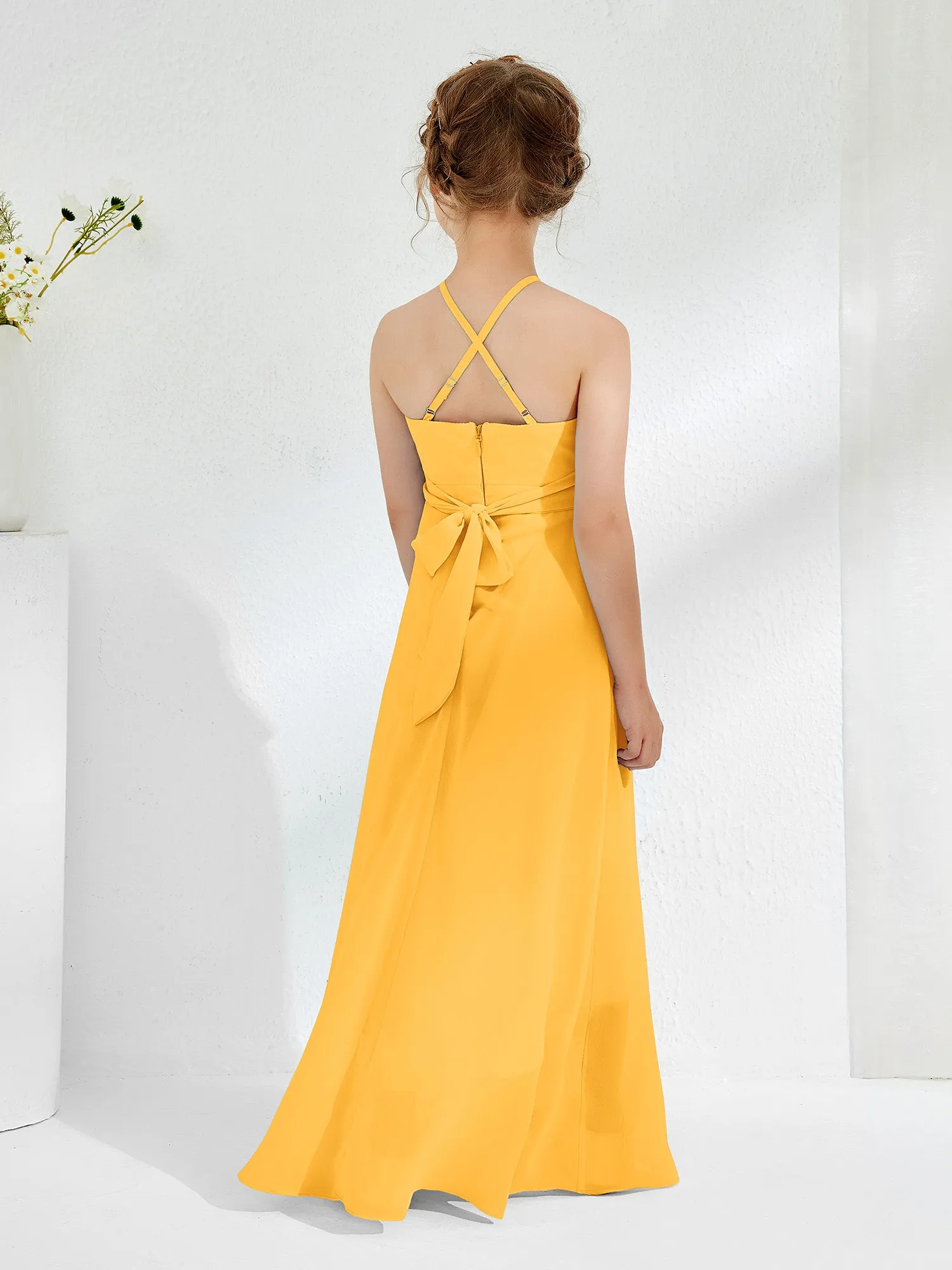 Halter Neckline Junior Bridesmaid Dresses with Sash Tangerine