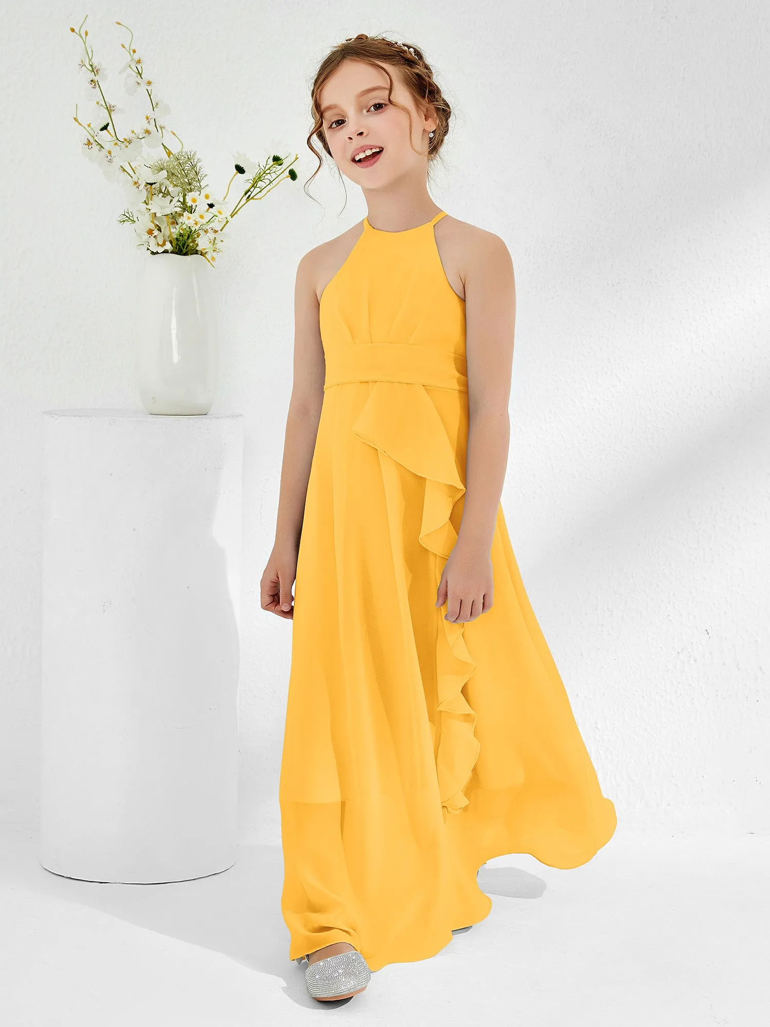 Halter Neckline Junior Bridesmaid Dresses with Sash Tangerine