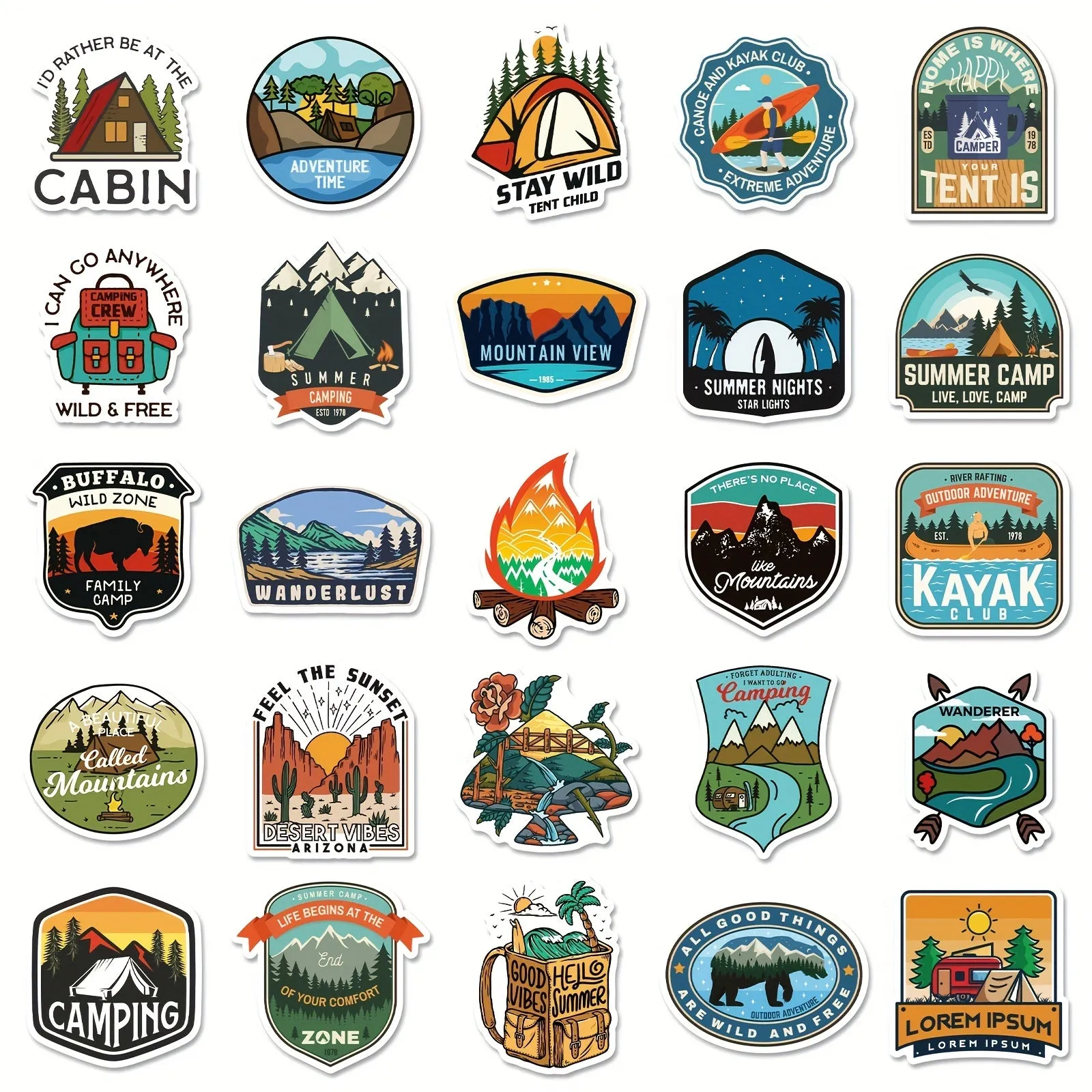 Hiking Adventure Camping Stickers Pack-50pcs For Water Bottle Laptop Cup Car