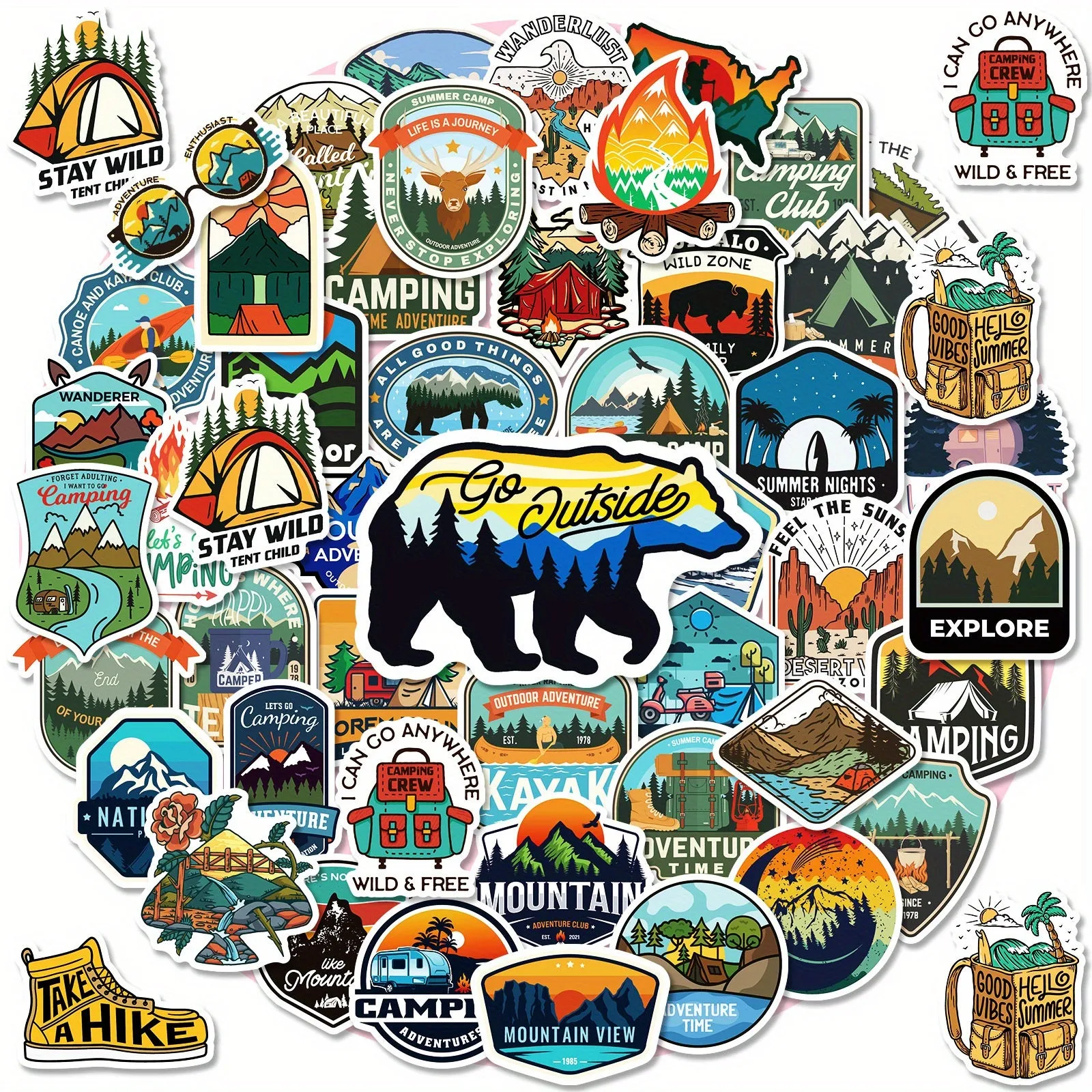 Hiking Adventure Camping Stickers Pack-50pcs For Water Bottle Laptop Cup Car