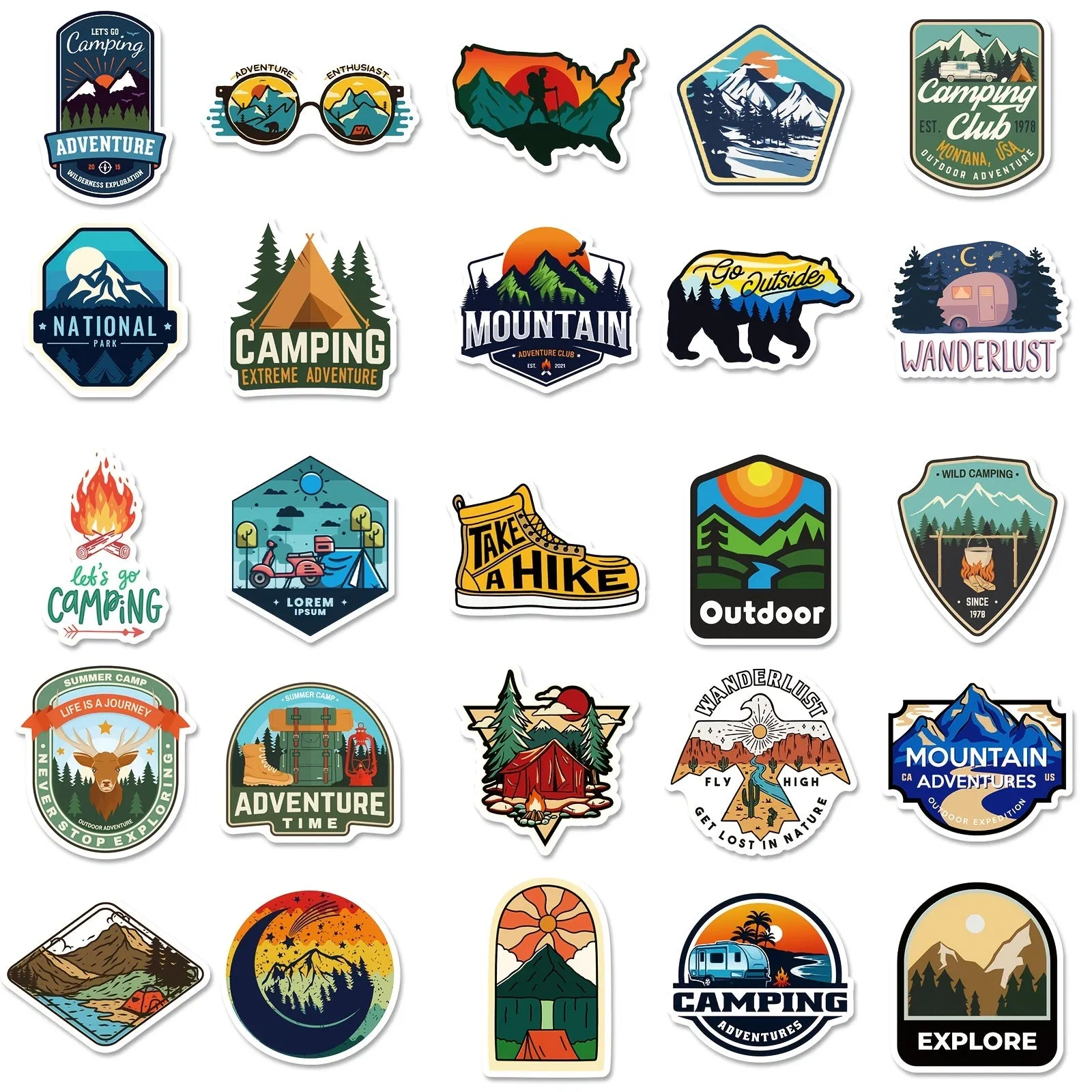 Hiking Adventure Camping Stickers Pack-50pcs For Water Bottle Laptop Cup Car