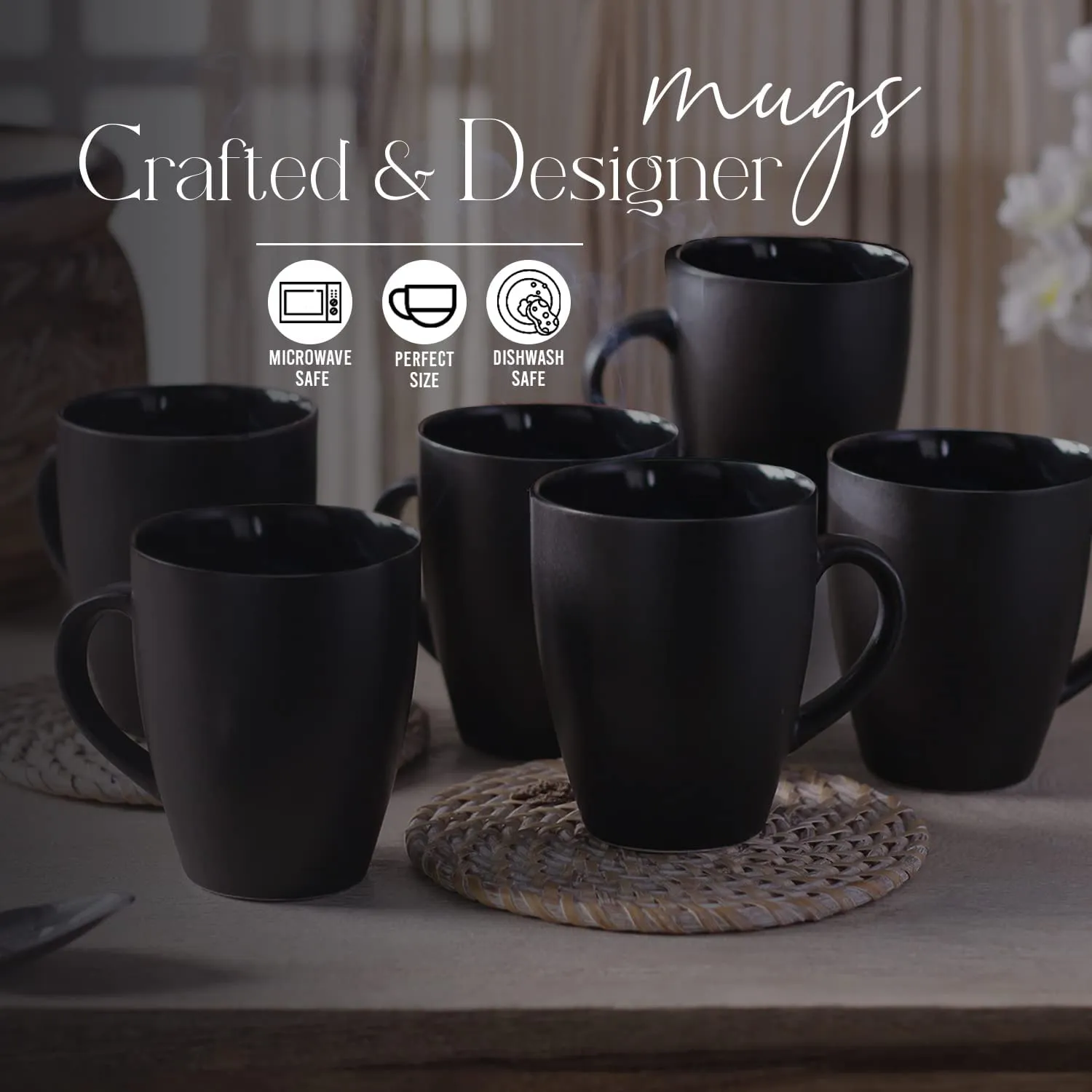 Indulge Homes Ceramic Serving Black Matte Finish Coffee Mug Tea Cup - 300 ML (Matte Black, Pack of 6)