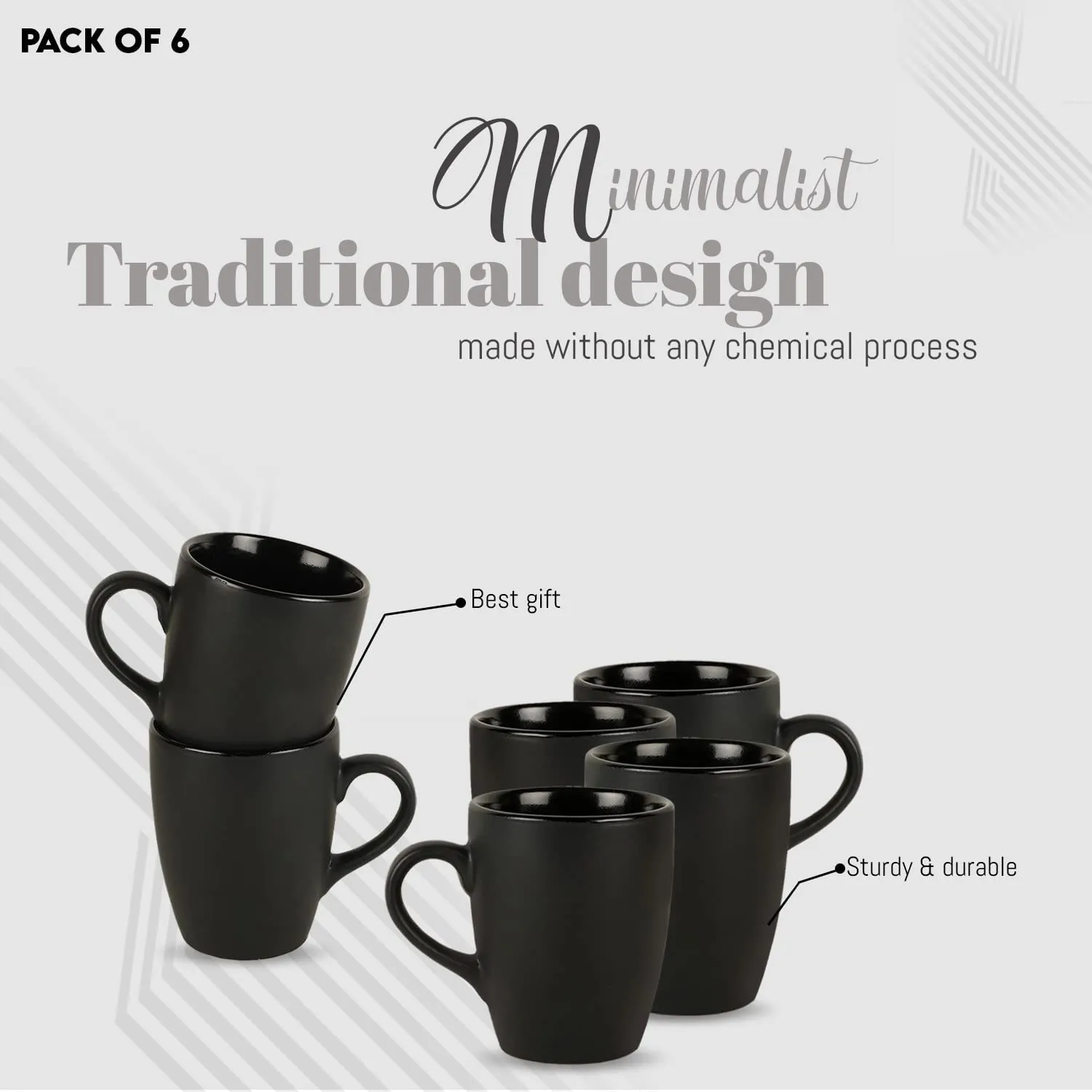 Indulge Homes Ceramic Serving Black Matte Finish Coffee Mug Tea Cup - 300 ML (Matte Black, Pack of 6)