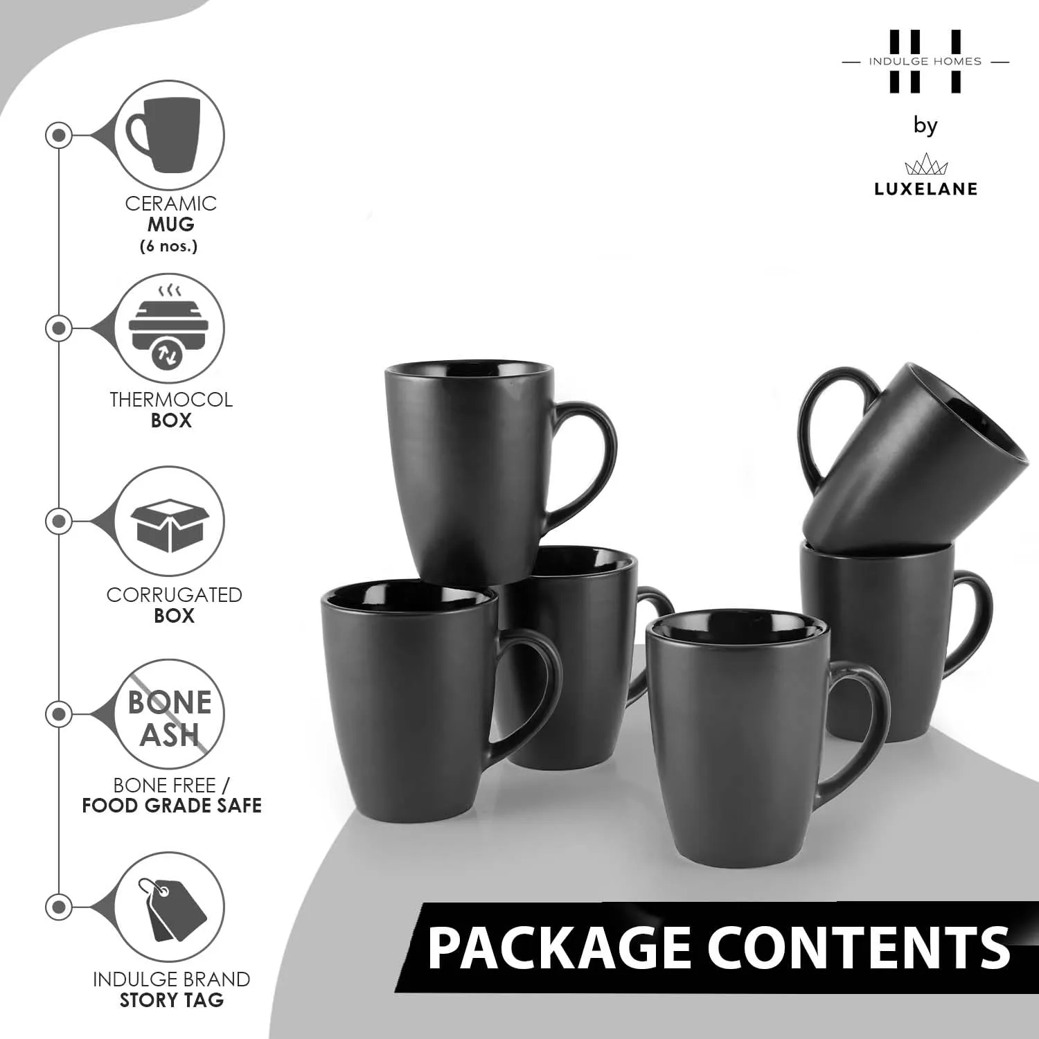 Indulge Homes Ceramic Serving Black Matte Finish Coffee Mug Tea Cup - 300 ML (Matte Black, Pack of 6)