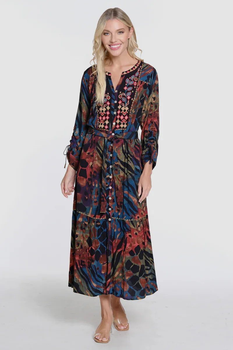 JOHN MARK EMBROIDERED FRONT BUTTON-UP DRESS - MULTI - J34868DMLEAFML