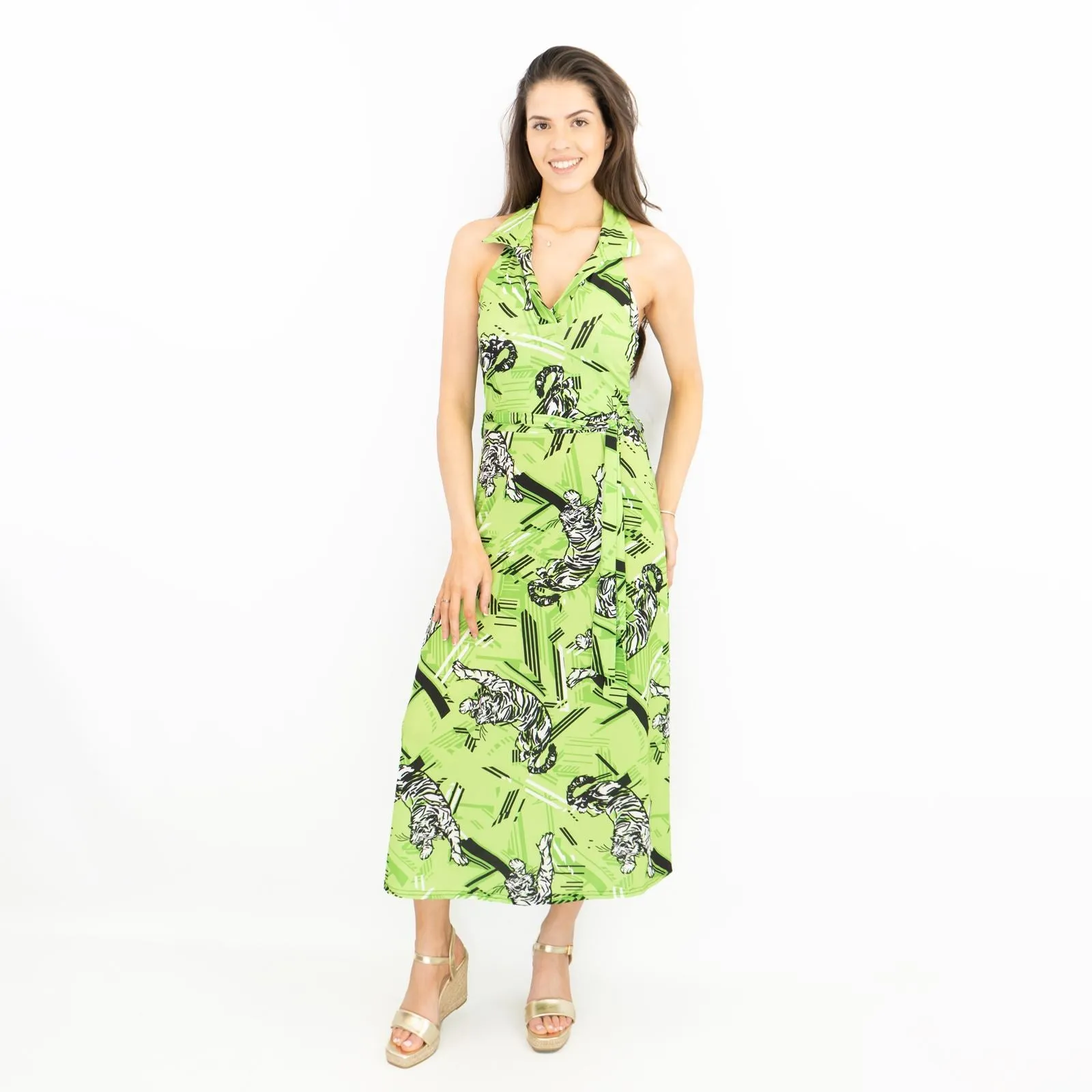 Karen Millen Green Tiger Print Sleeveless Summer Midi Dresses