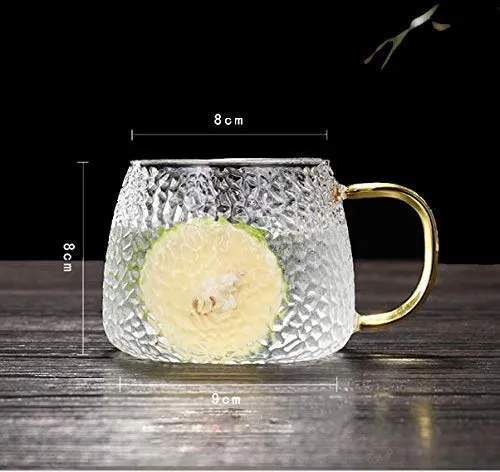 KELVEE Tea and Coffee Cup Glass Mug, Used for Tea, Coffee, Green Tea, Lemon Tea Cup with Handle Golden (410ml, Set of 2)