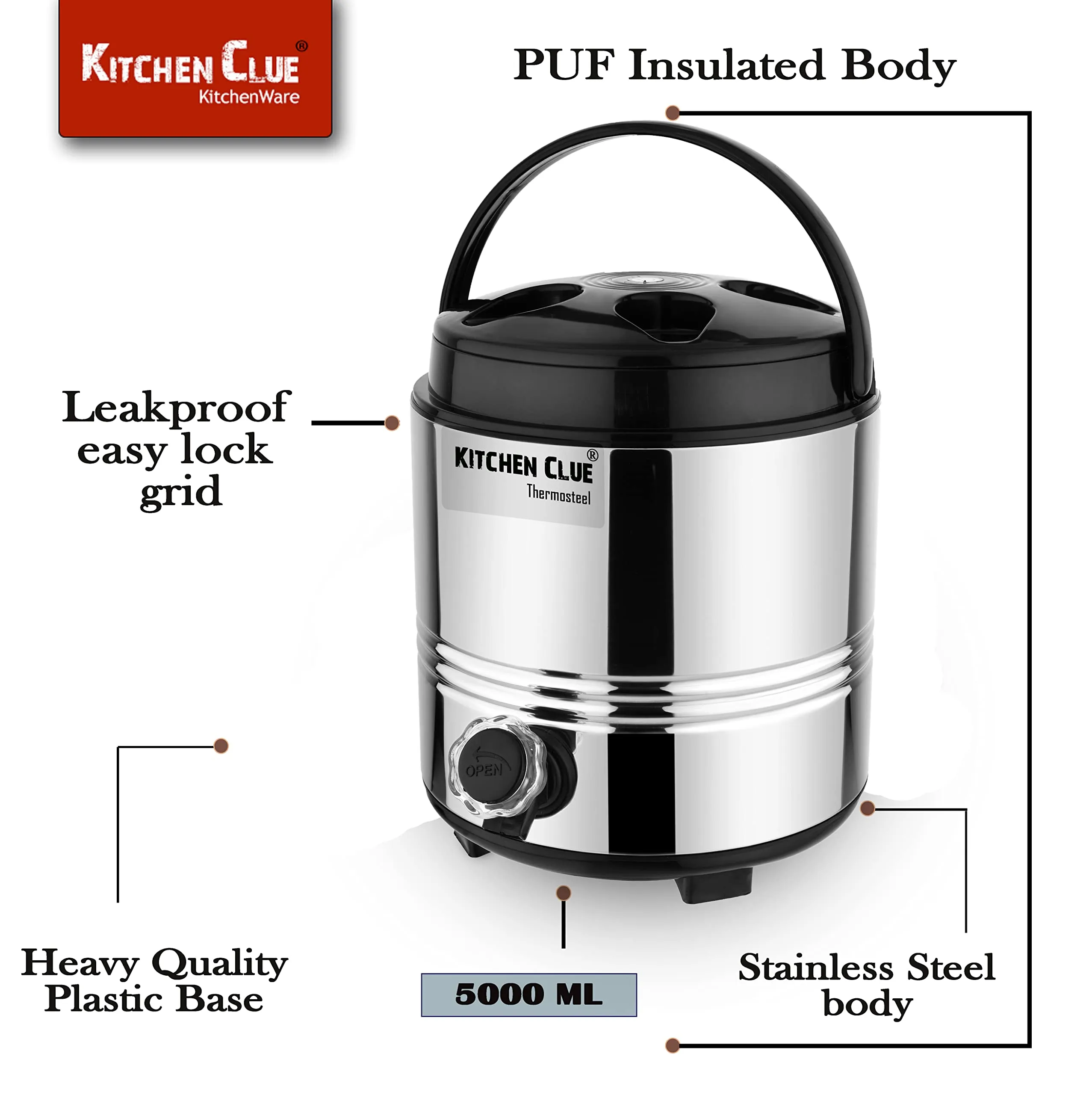 KITCHEN CLUE Aqua Water/Tea Dispenser 5 Liter with Handle I PUF Insulated Thermosteel Tea/Coffee Pot with Tap I Easy to Clean & Maintain I Highly Durable I Ideal for Gifting (5 Liters)