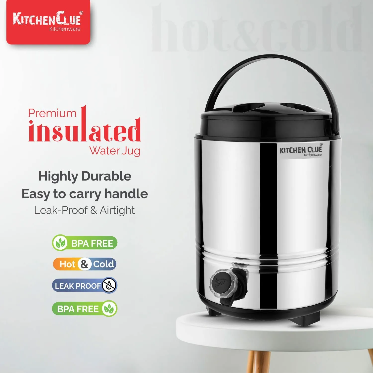 Kitchen Clue Insulated Hot Water/Tea Flask 5 Liter with Handle I Stainless Steel Inside & Outside I HOT & Cold PUF Insulated Thermosteel Water Camper I Leak-Proof Tap I Easy to Clean & Maintain