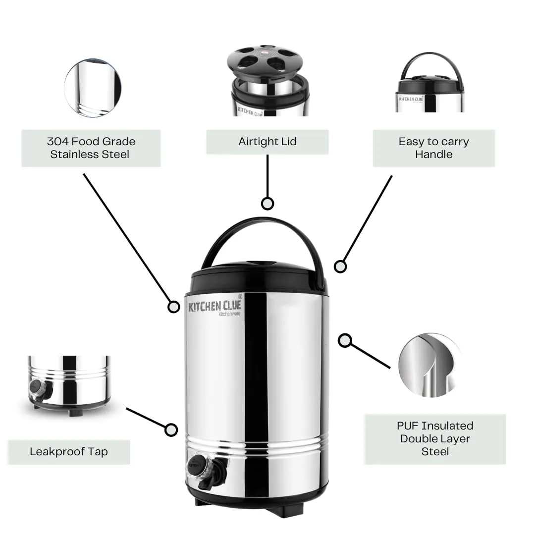 KITCHEN CLUE Stainless Steel Hot and Cold Water Jug/Containers with Tap, 10 Liters, Silver - Double Walled PUF Insulated Water Dispenser for Office Home Kitchen in Winter Season for Hot Tea/Water