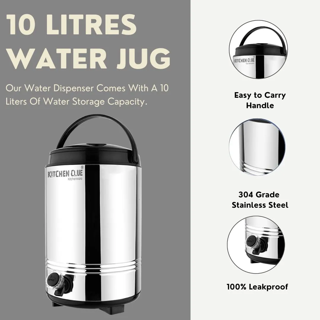 KITCHEN CLUE Stainless Steel Hot and Cold Water Jug/Containers with Tap, 10 Liters, Silver - Double Walled PUF Insulated Water Dispenser for Office Home Kitchen in Winter Season for Hot Tea/Water