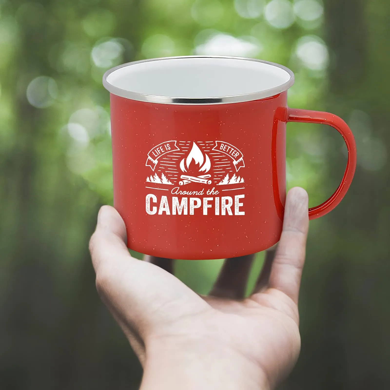 Life is Better Around the Campfire Tin Enamel Camping Coffee Mug (Flannel Red, 16 Ounce)