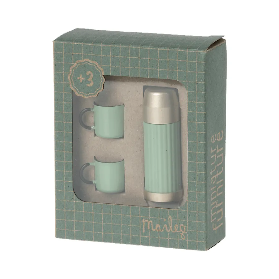 Maileg Miniature Thermos Flask and Cups Set, Mint