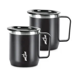 MILTON Star Gift Set, Double Walled Stainless Steel Mug with Lid, Set of 2, 285 ml Each, Black