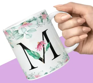 NH10 DESIGNS Colorful Floral Alphabet Letter M Printed Coffee Mug for Girls Boys Friends Love Kids Best Gift for Birthday Anniversary Initial Letter M,350 Millilitre, Ceramic