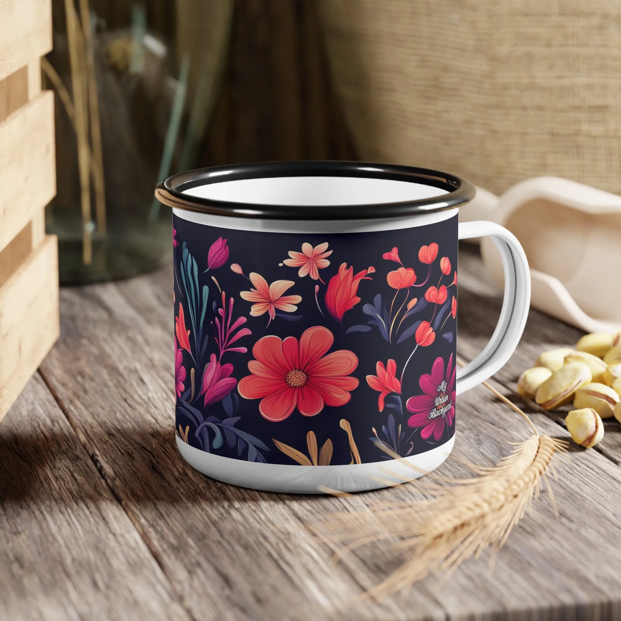 Night Blooming Wildflowers, Enamel Camping Mug for Coffee, Tea, Cocoa, or Cereal - 12oz