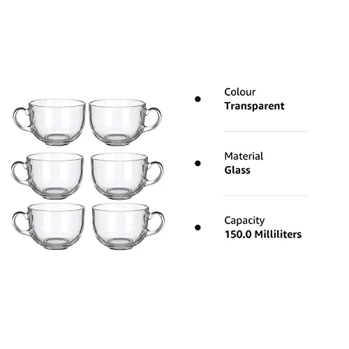 PATRANI FASHION Crystal Round Tea Cups 150 ML Set of 6 Glass Transparent Coffee Mugs with Handle, Clear Glass Tea Cup Set for Coffee, Tea, Milk, Hot & Cold Beverage Tea Cup (Round Tea Cup)