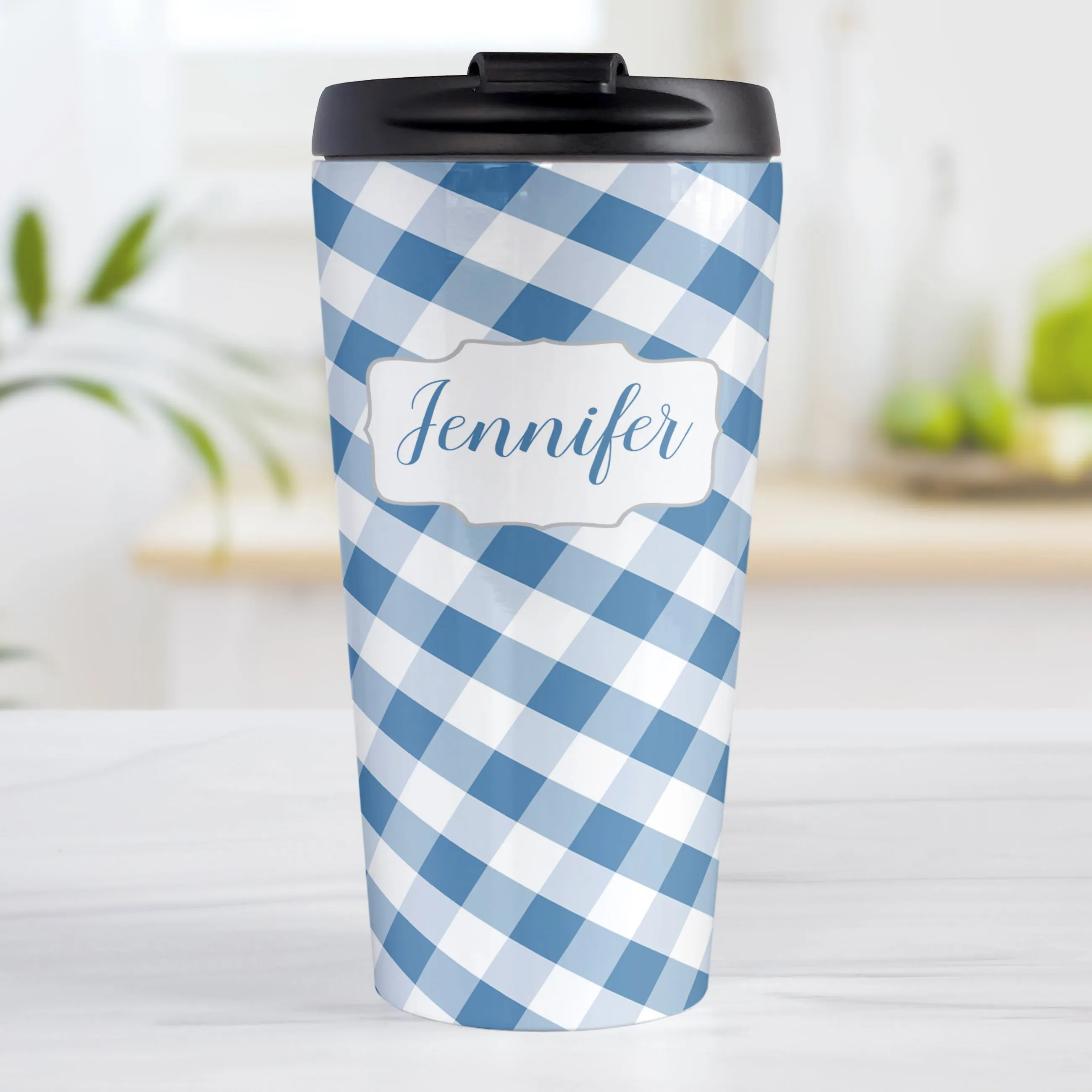 Personalized Blue Gingham Travel Mug