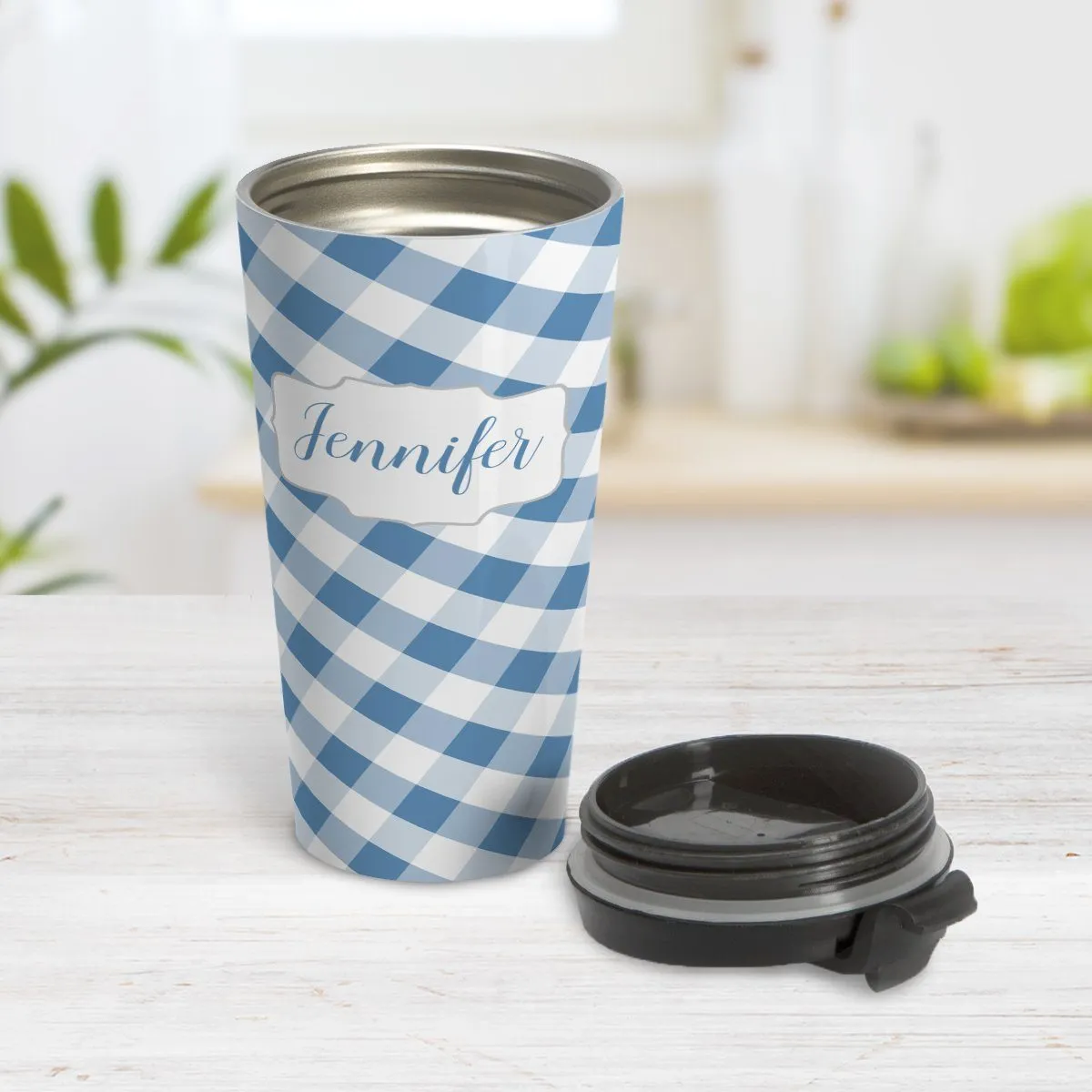 Personalized Blue Gingham Travel Mug