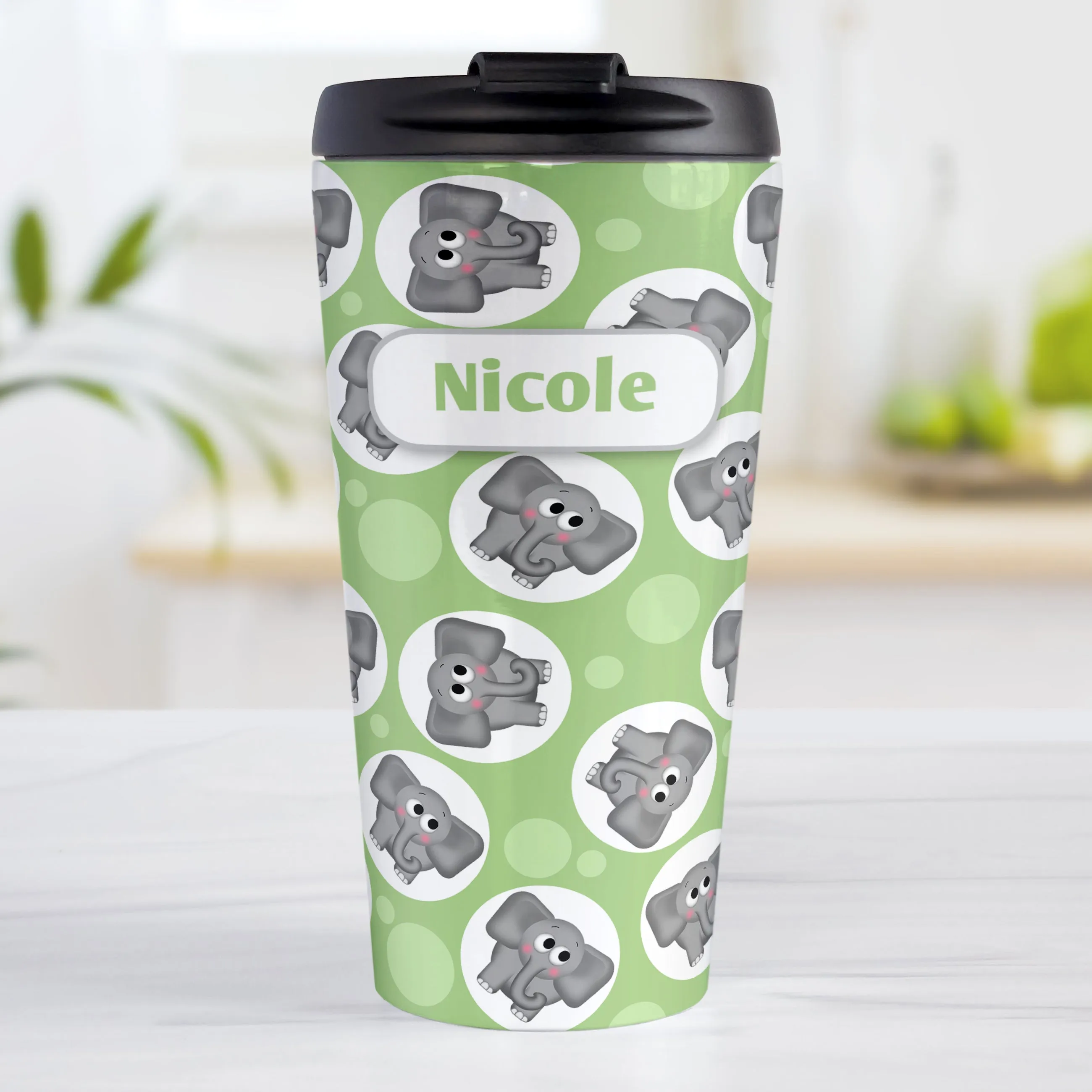 Personalized Cute Green Elephant Pattern Travel Mug