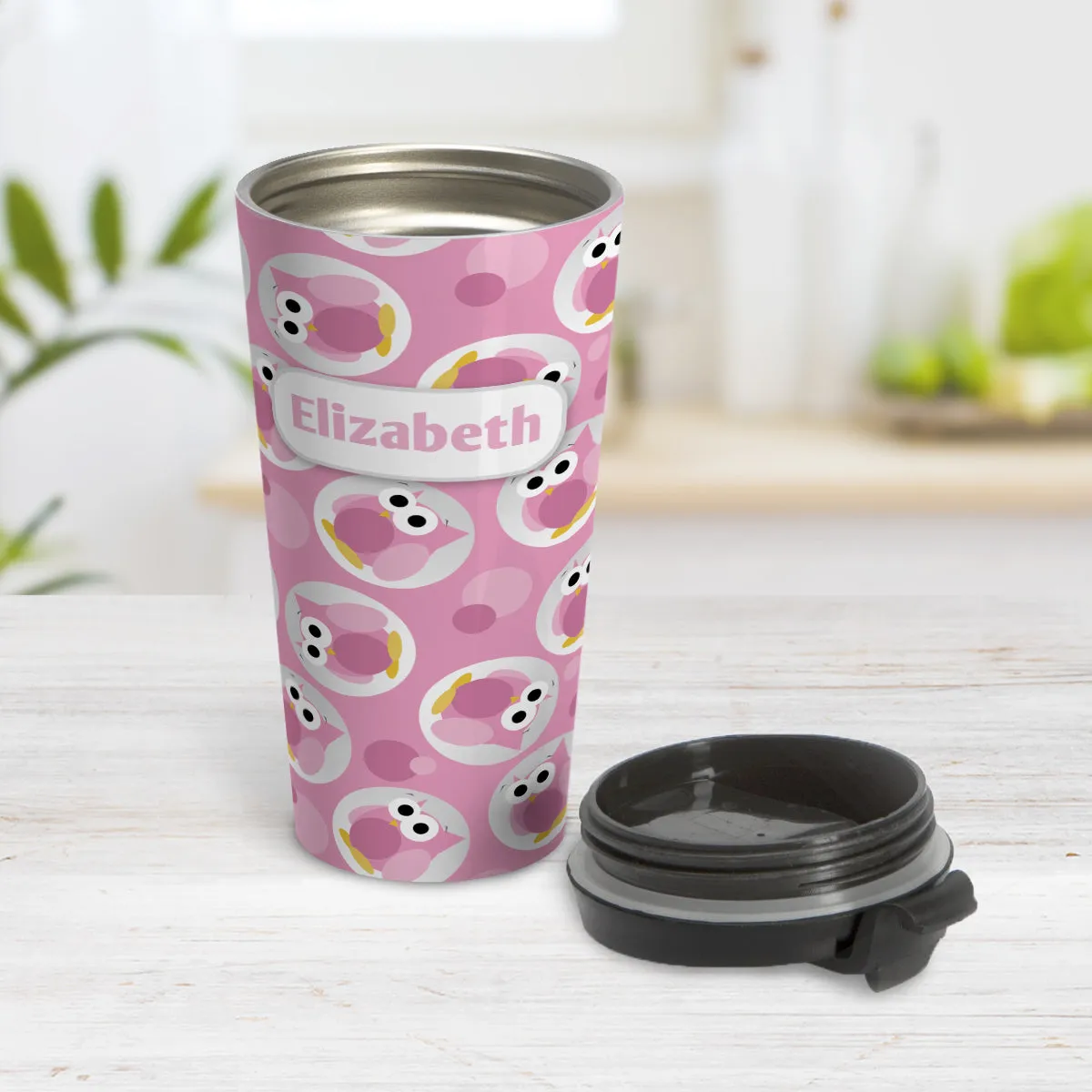 Personalized Funny Cute Pink Owl Pattern Travel Mug