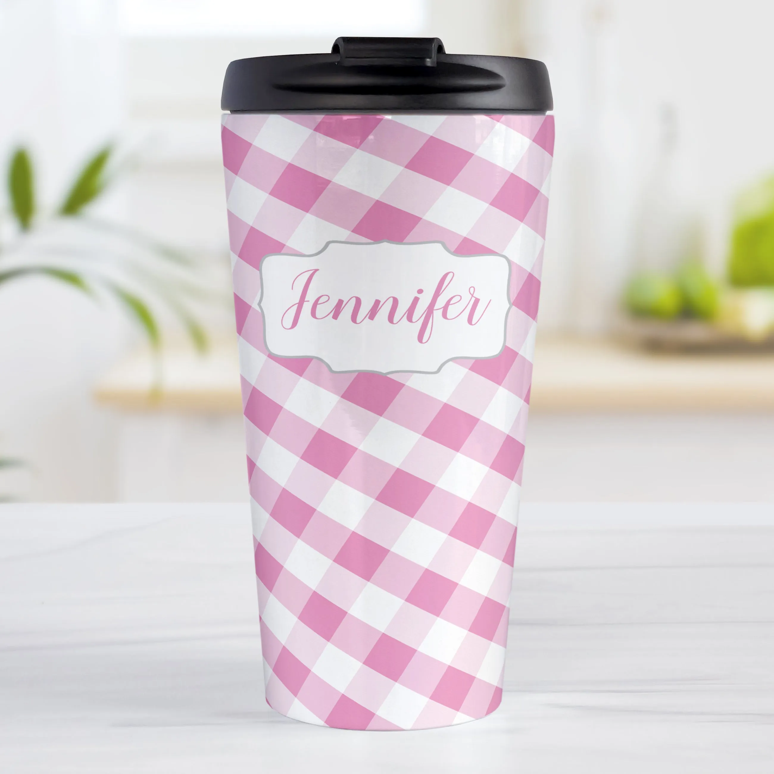 Personalized Pink Gingham Travel Mug