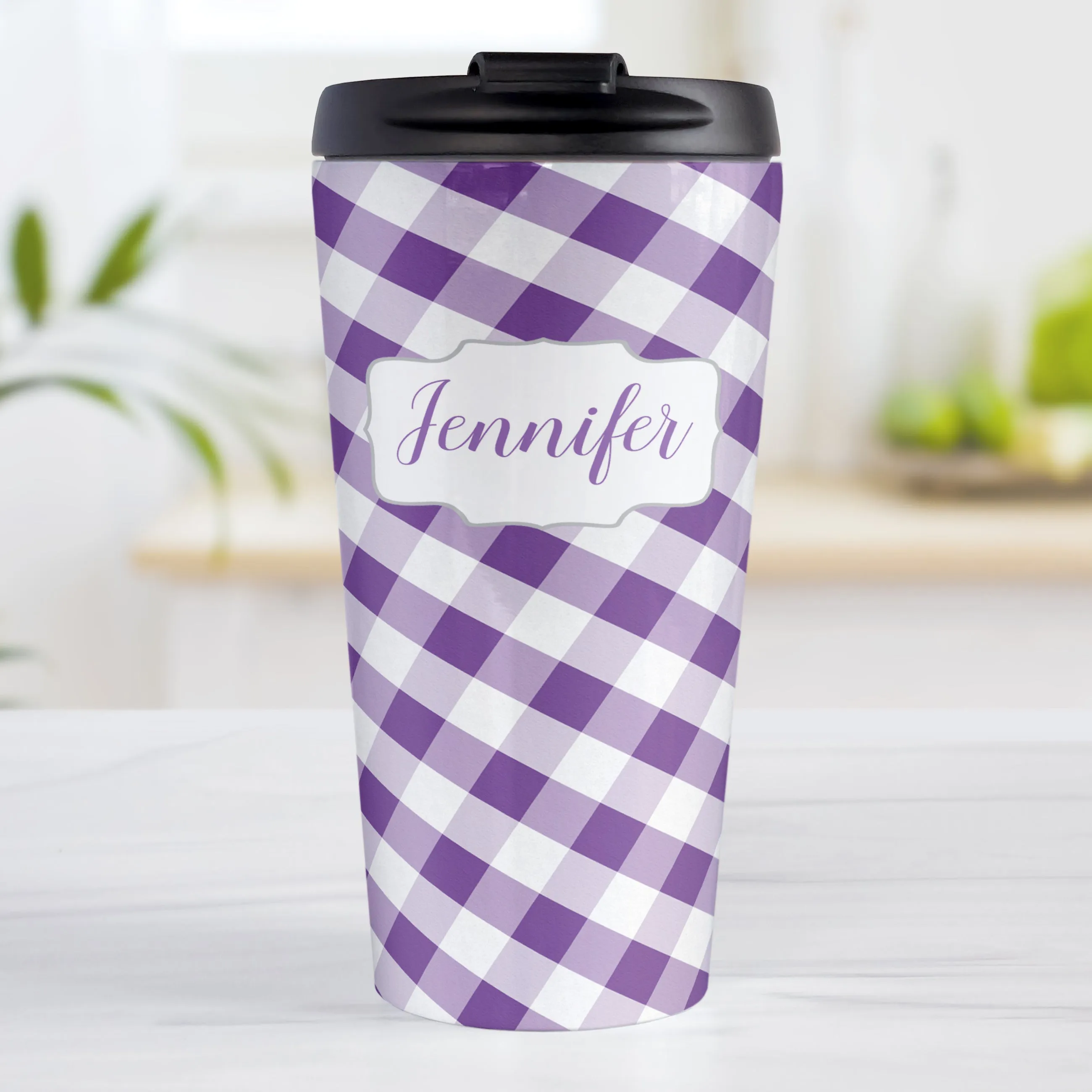 Personalized Purple Gingham Travel Mug