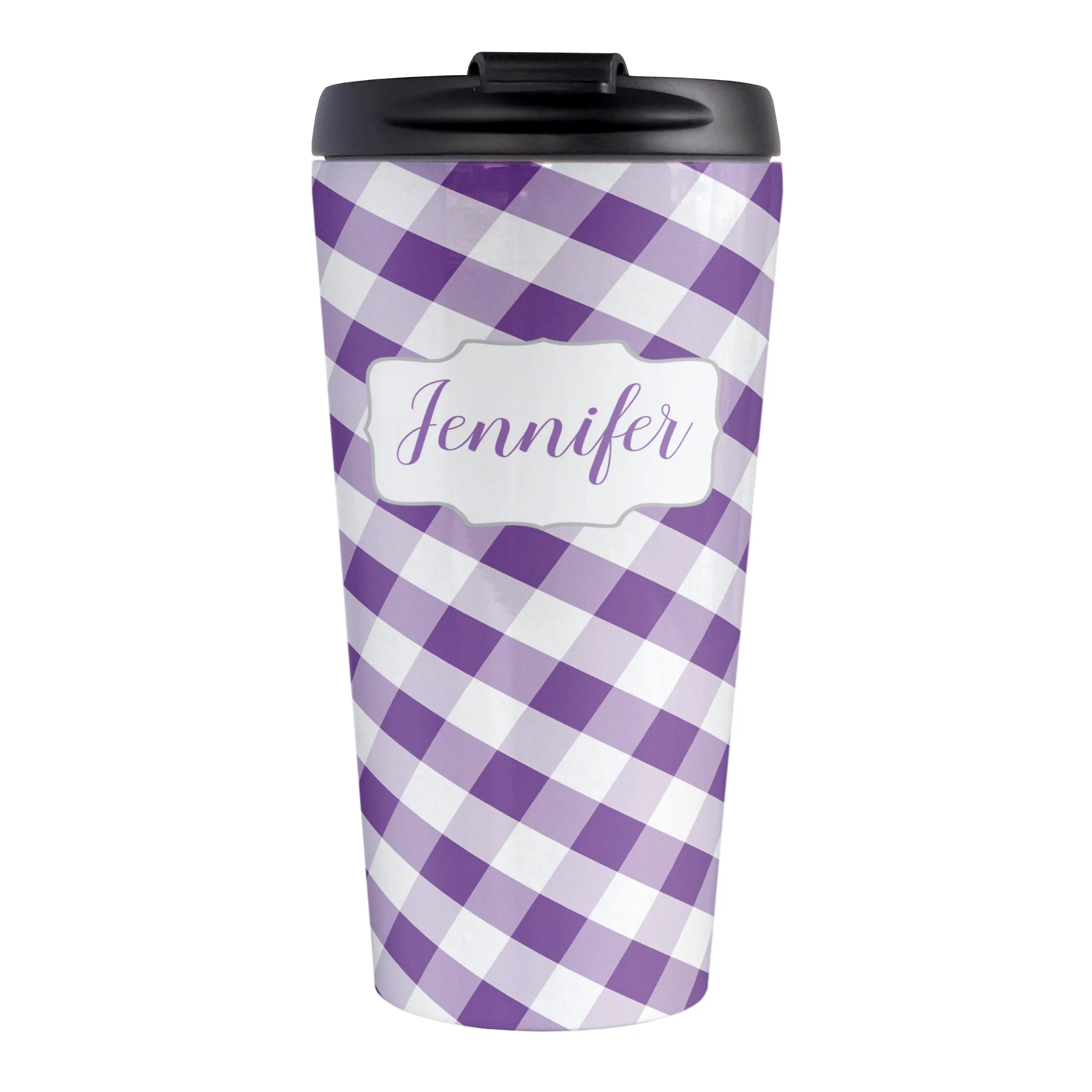 Personalized Purple Gingham Travel Mug