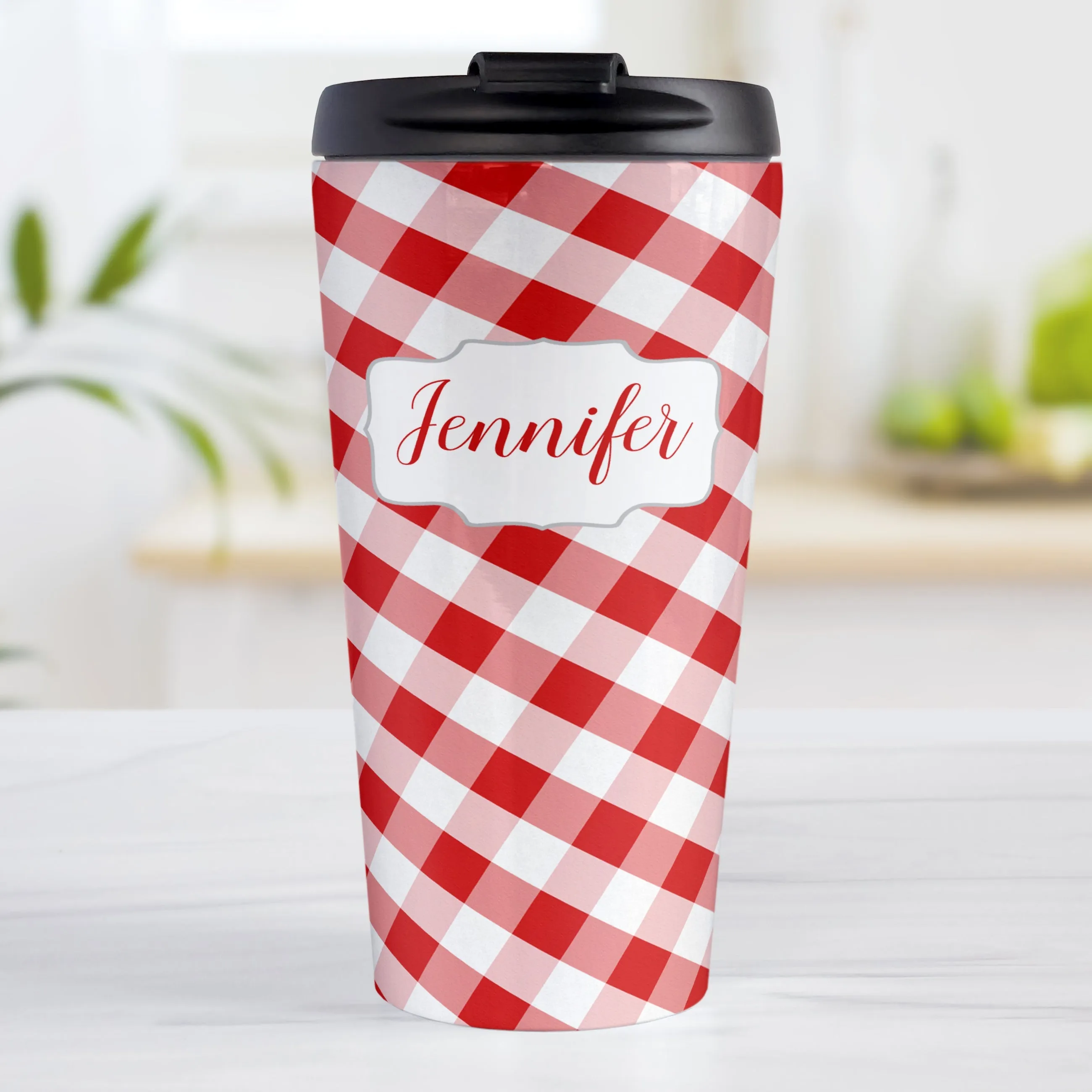 Personalized Red Gingham Travel Mug