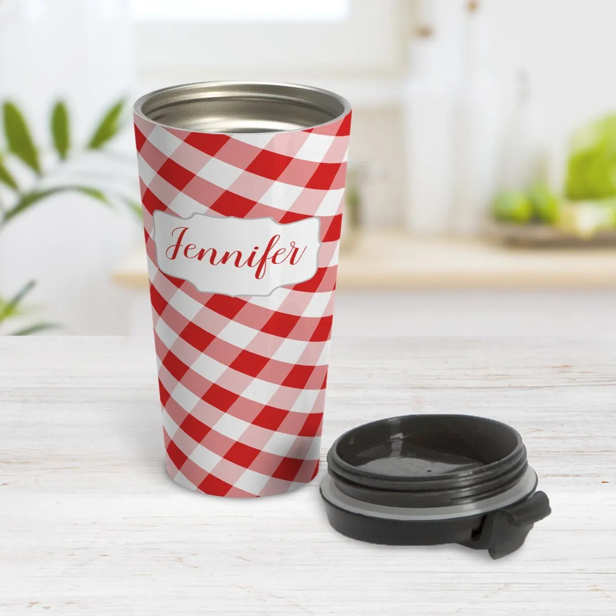 Personalized Red Gingham Travel Mug