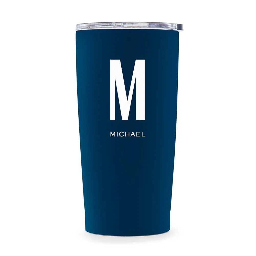 PERSONALIZED STAINLESS STEEL INSULATED NAVY BLUE TRAVEL MUG - SANS SERIF MONOGRAM PRINT