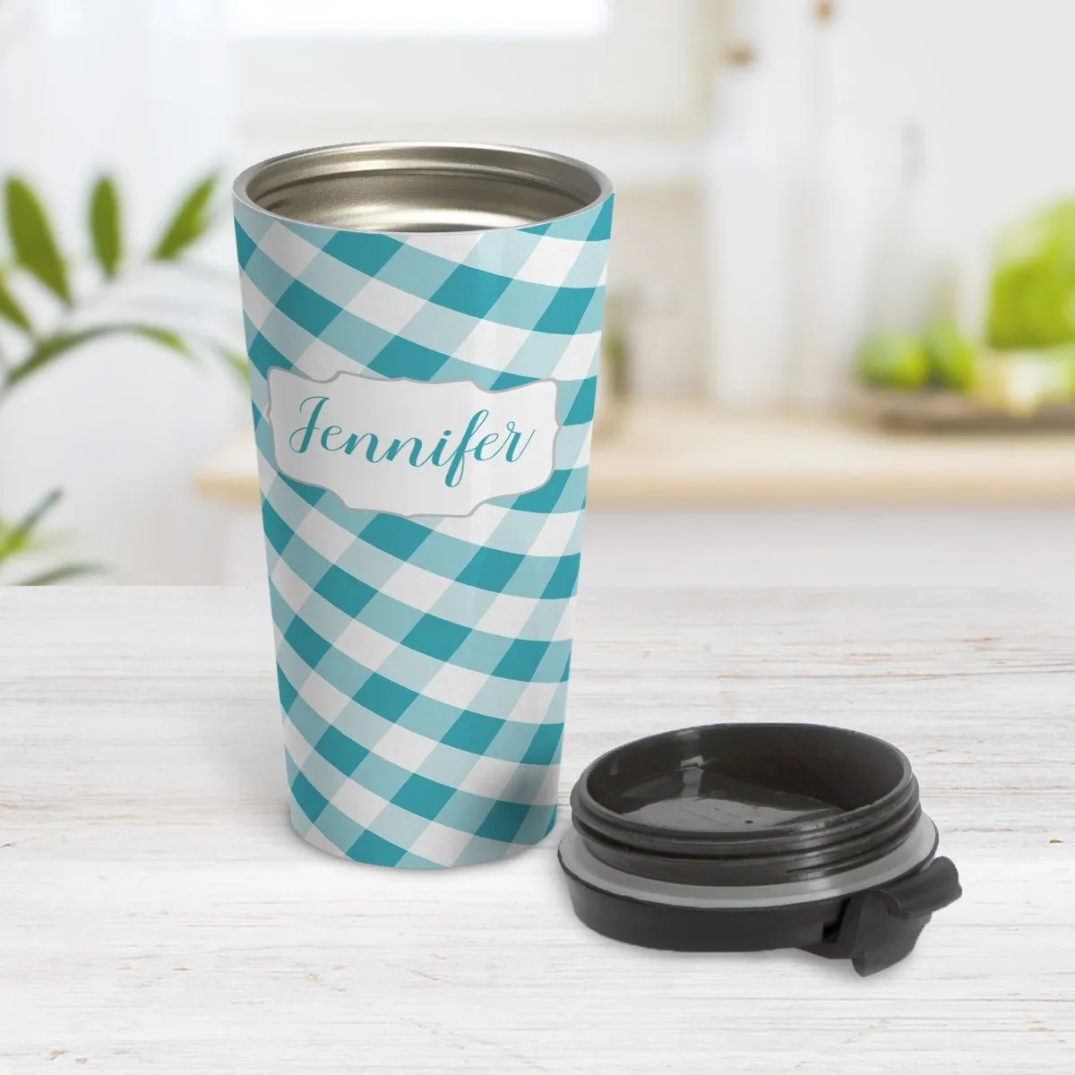 Personalized Turquoise Gingham Travel Mug