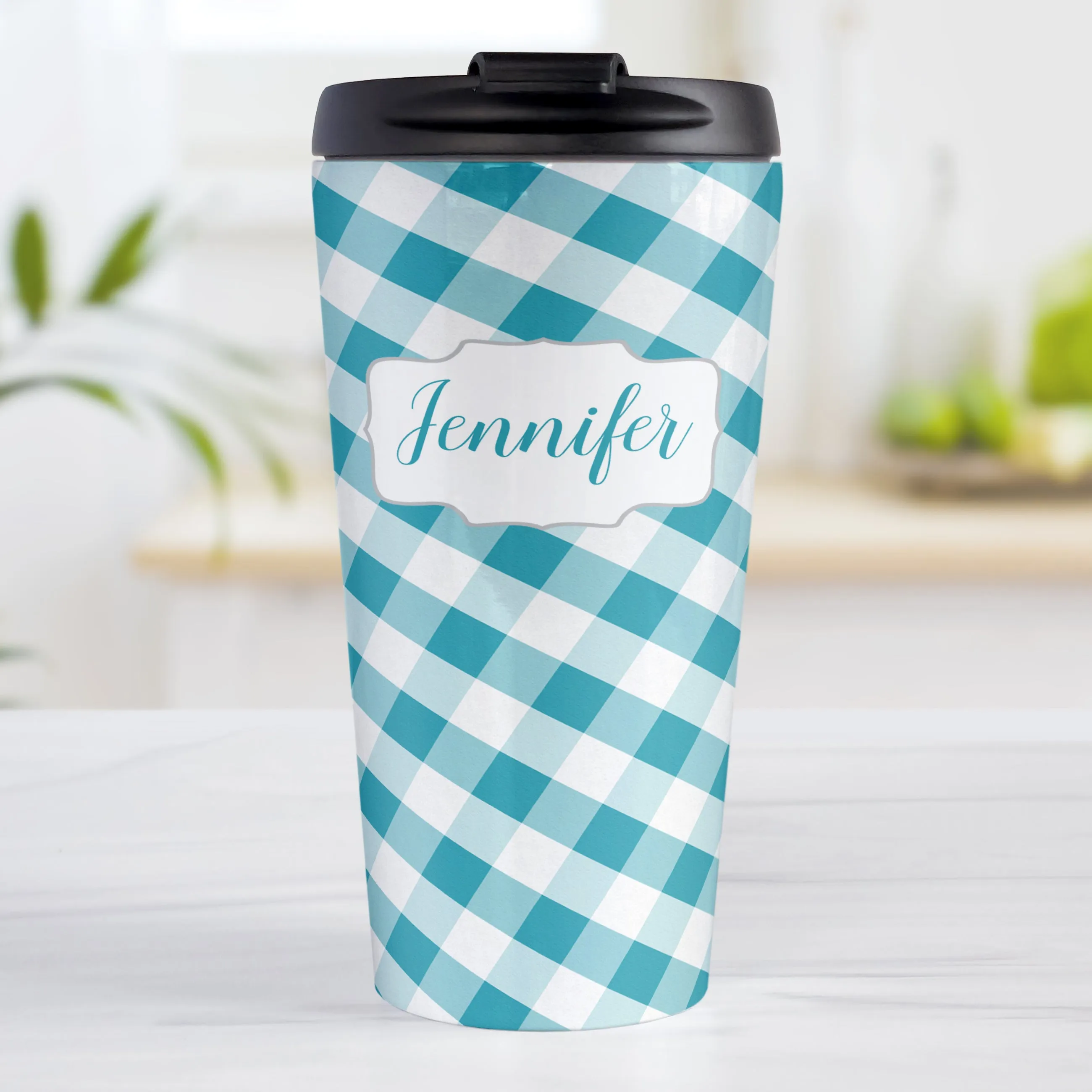 Personalized Turquoise Gingham Travel Mug