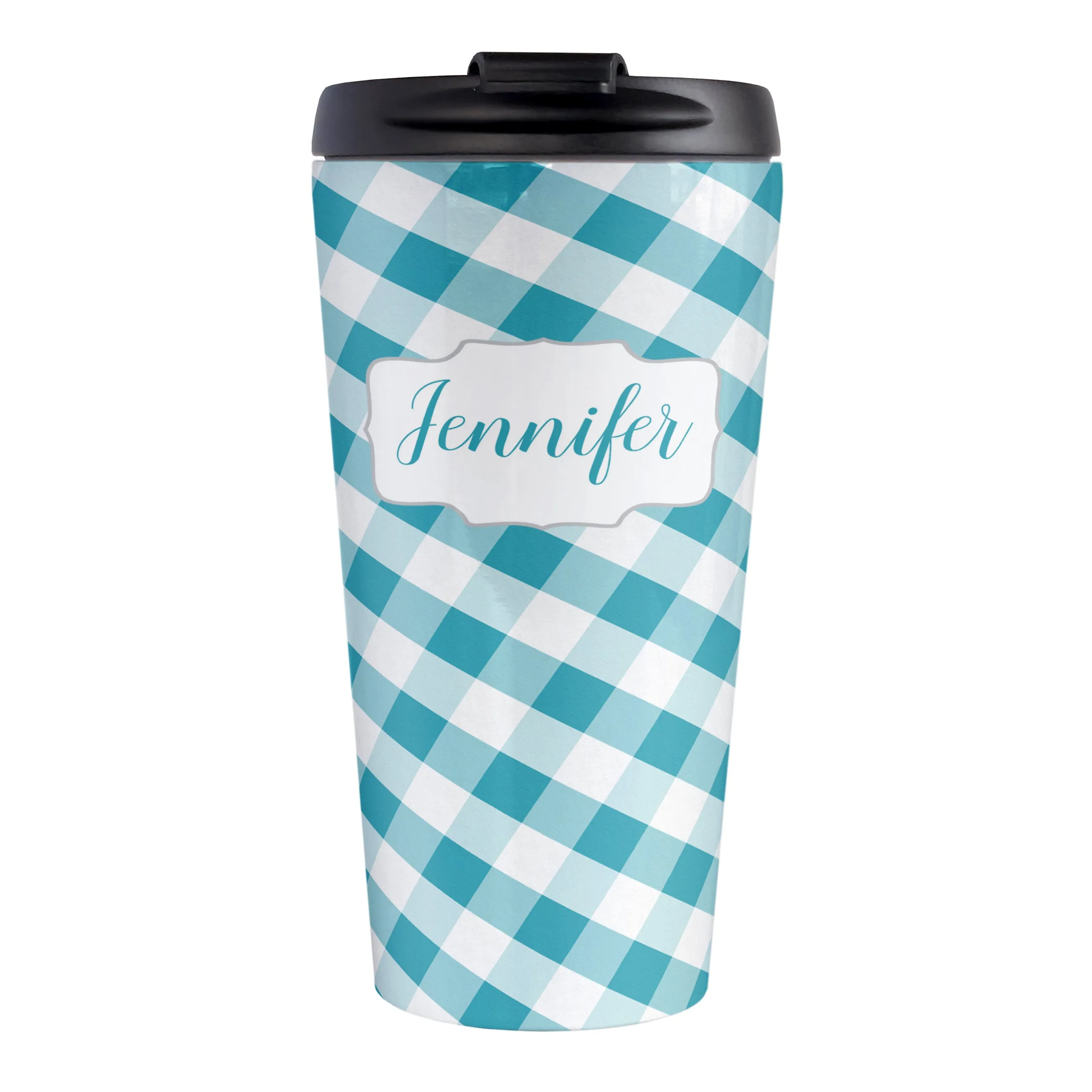 Personalized Turquoise Gingham Travel Mug