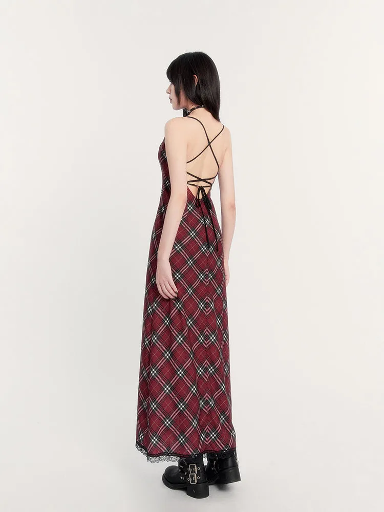 Plaid Lace Trim Slip Dress