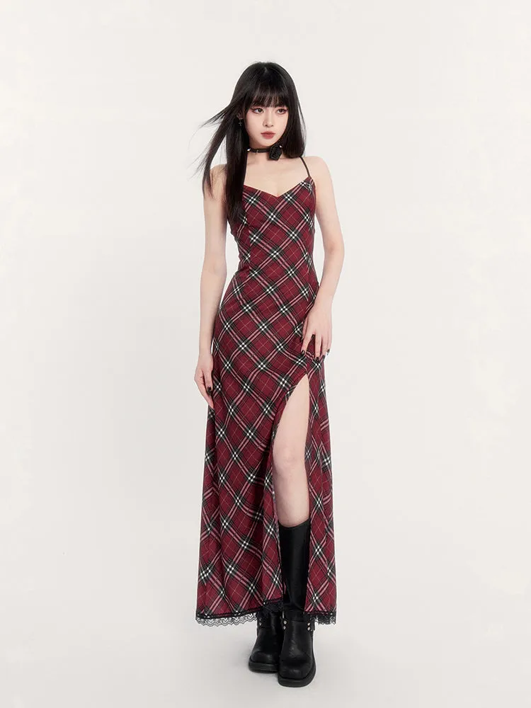 Plaid Lace Trim Slip Dress