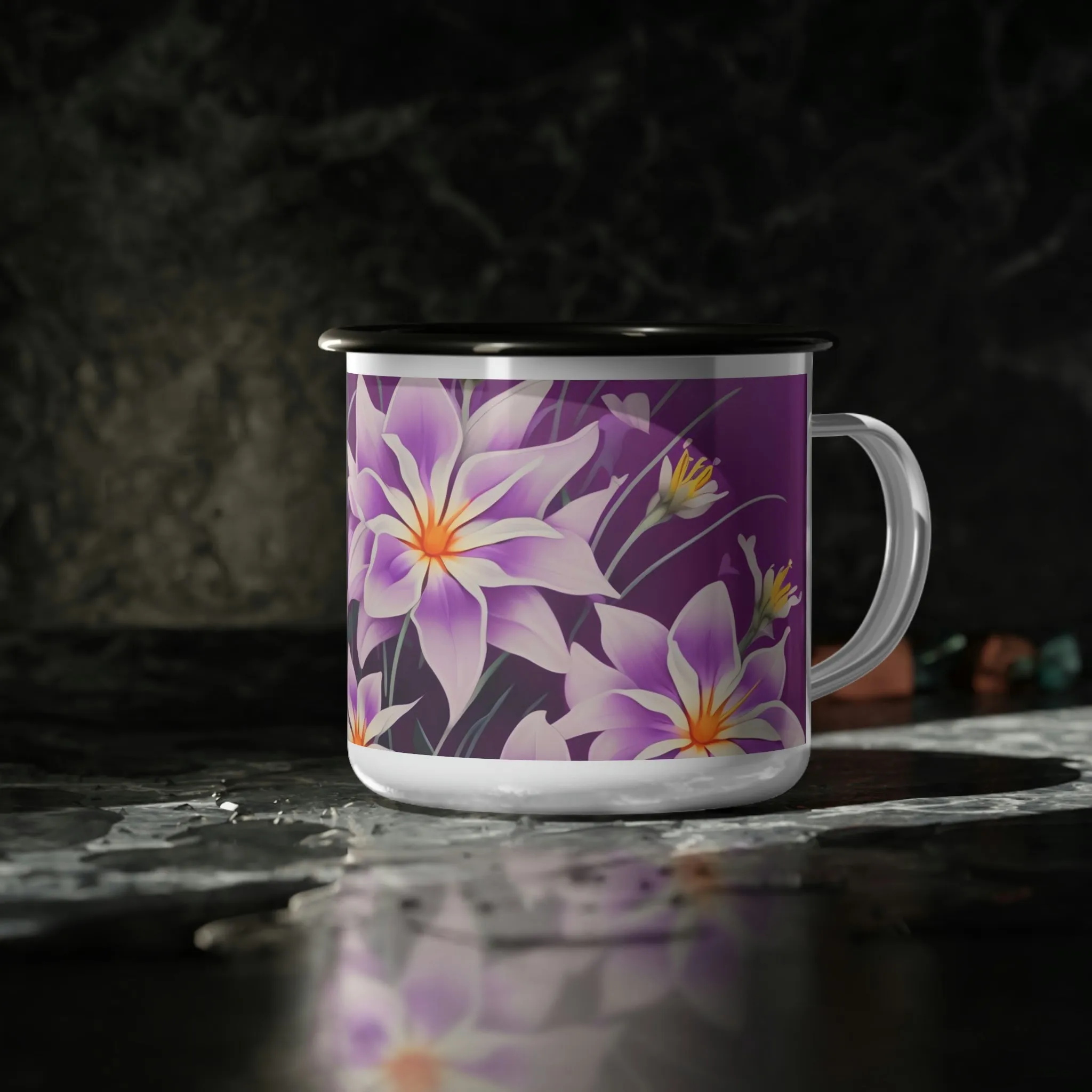 Purple Flowers, Enamel Camping Mug for Coffee, Tea, Cocoa, or Cereal - 12oz